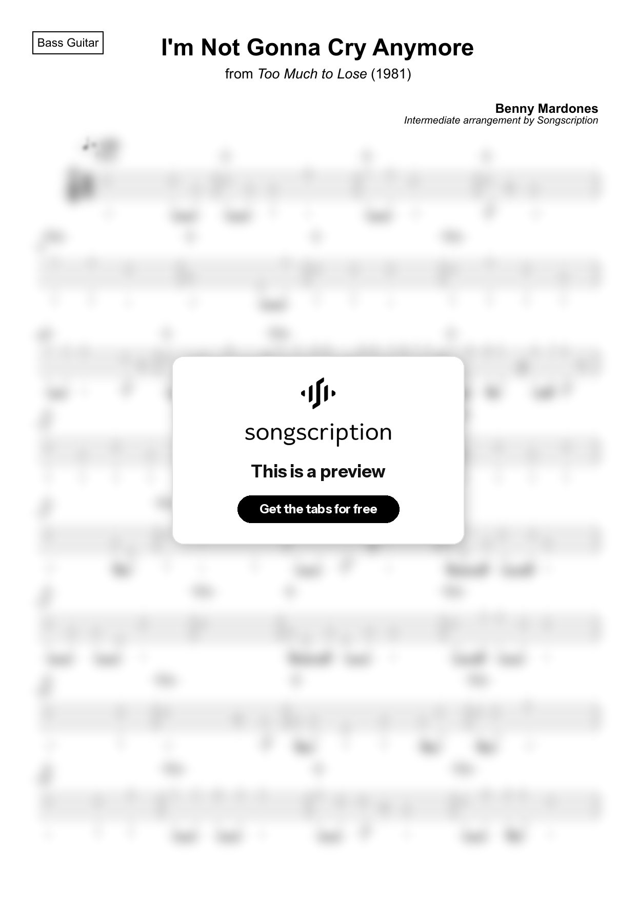 Intermediate Bass Guitar Tabs for "I'm Not Gonna Cry Anymore" by Benny Mardones