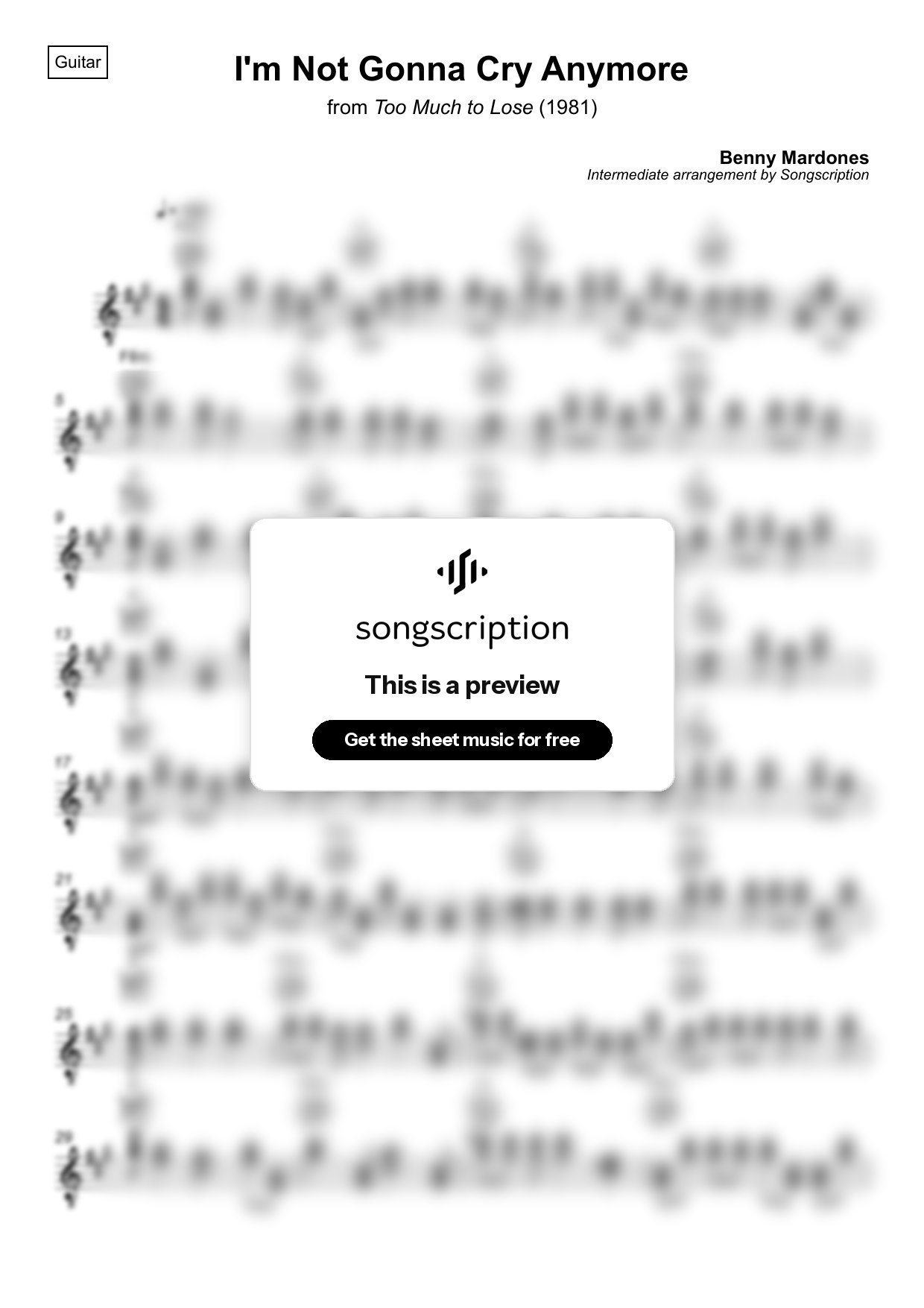 Intermediate Acoustic Guitar Sheet Music for "I'm Not Gonna Cry Anymore" by Benny Mardones
