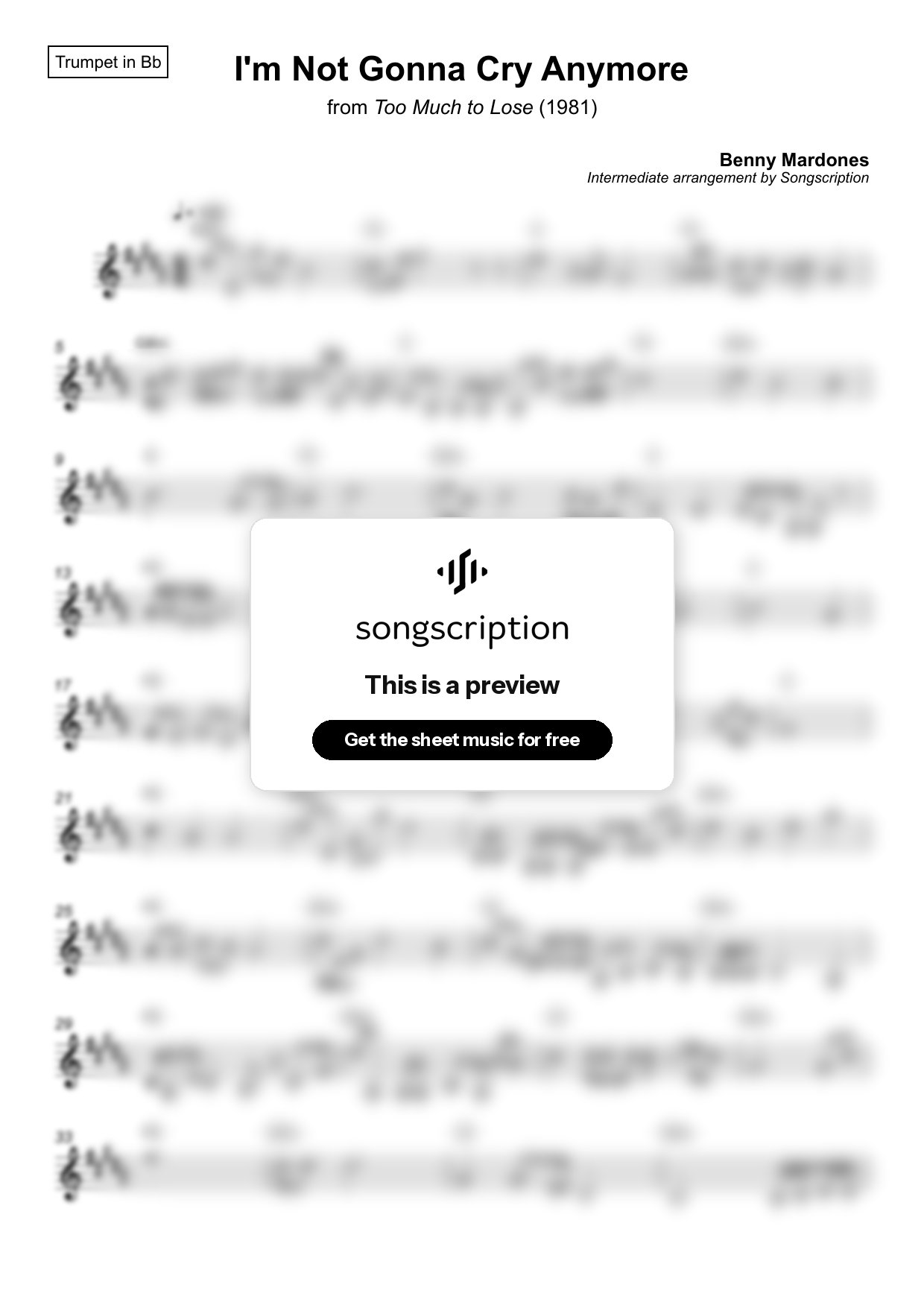 Intermediate Trumpet Sheet Music for "I'm Not Gonna Cry Anymore" by Benny Mardones
