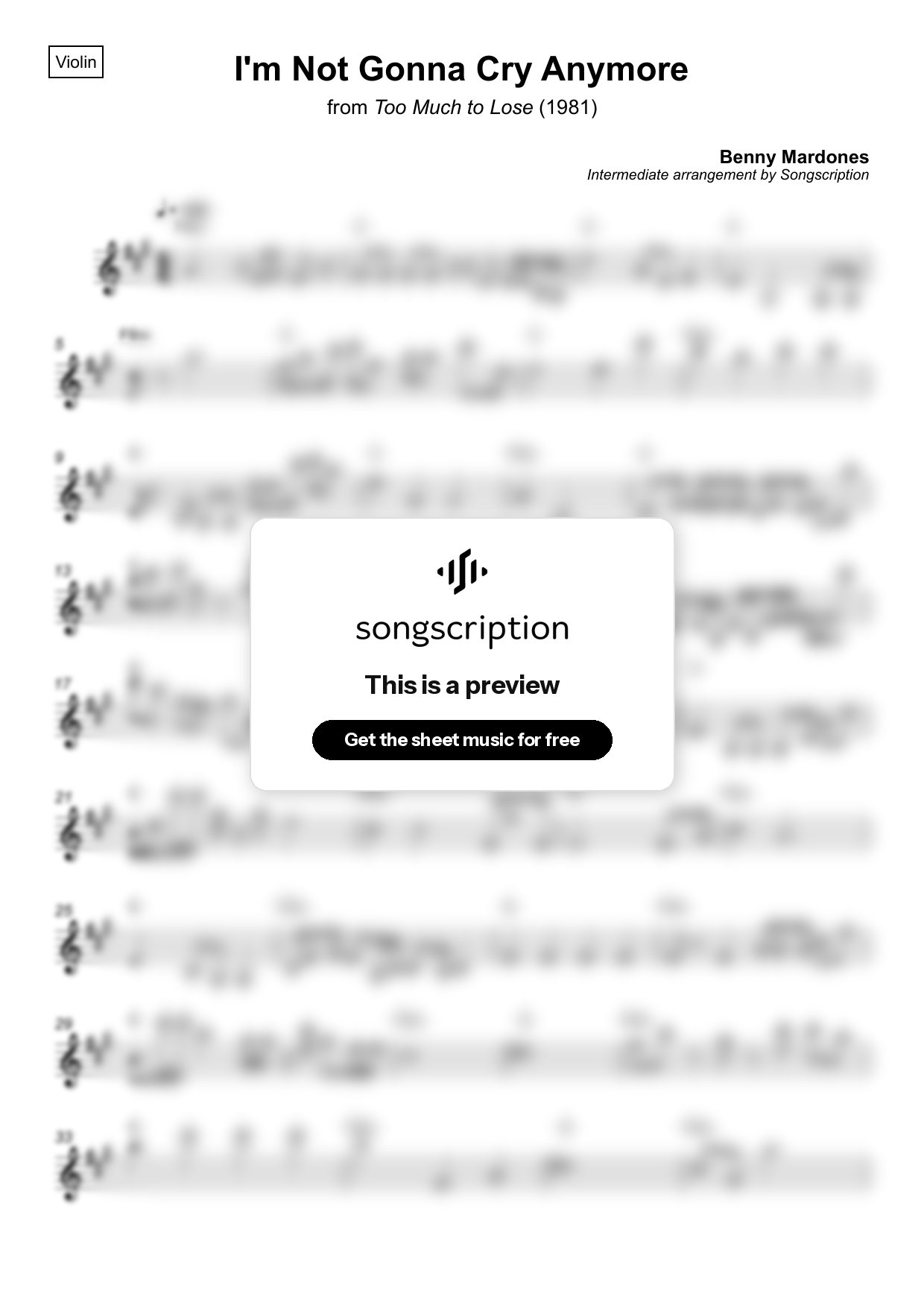 Intermediate Violin Sheet Music for "I'm Not Gonna Cry Anymore" by Benny Mardones