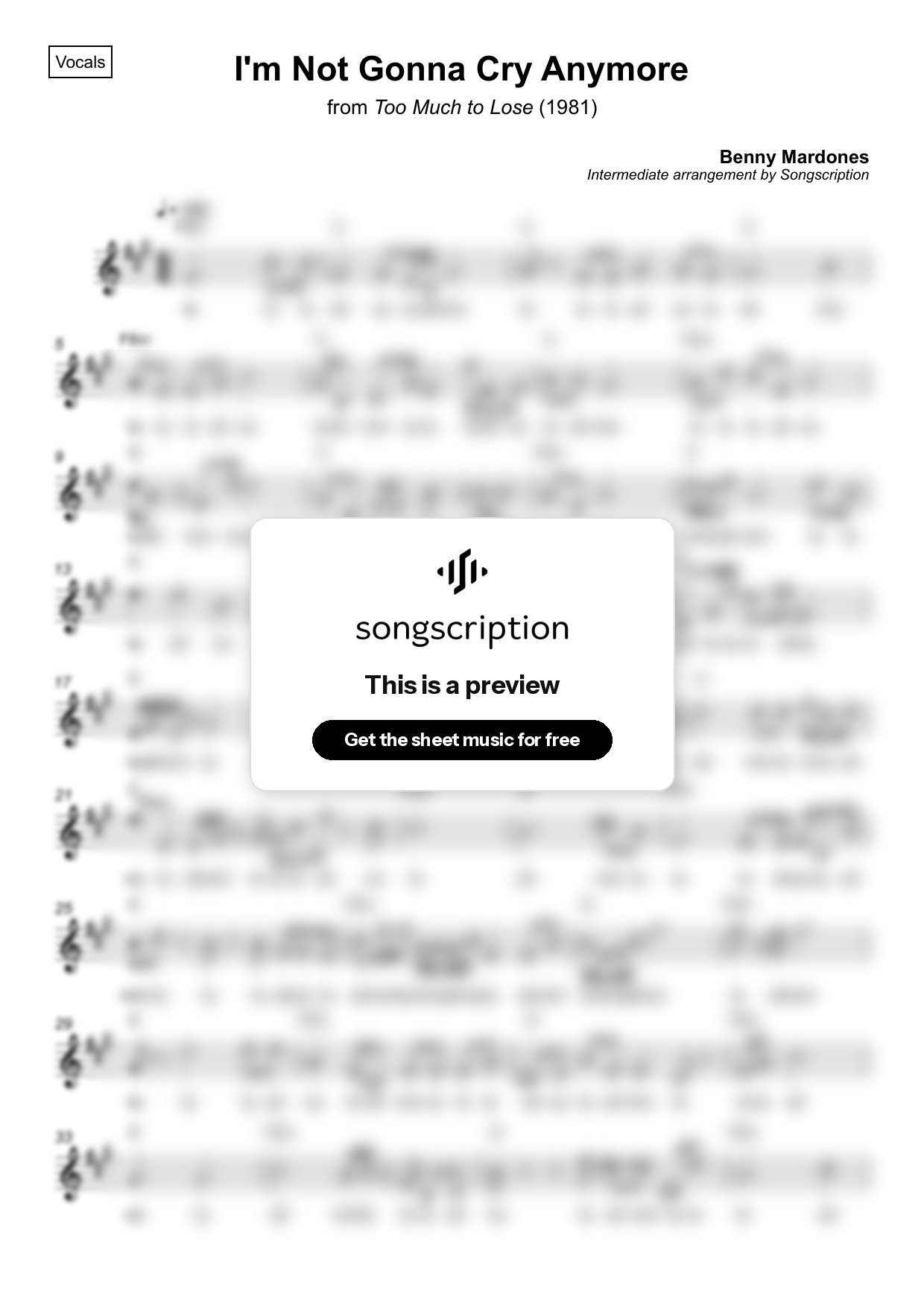 Intermediate Vocals Sheet Music for "I'm Not Gonna Cry Anymore" by Benny Mardones