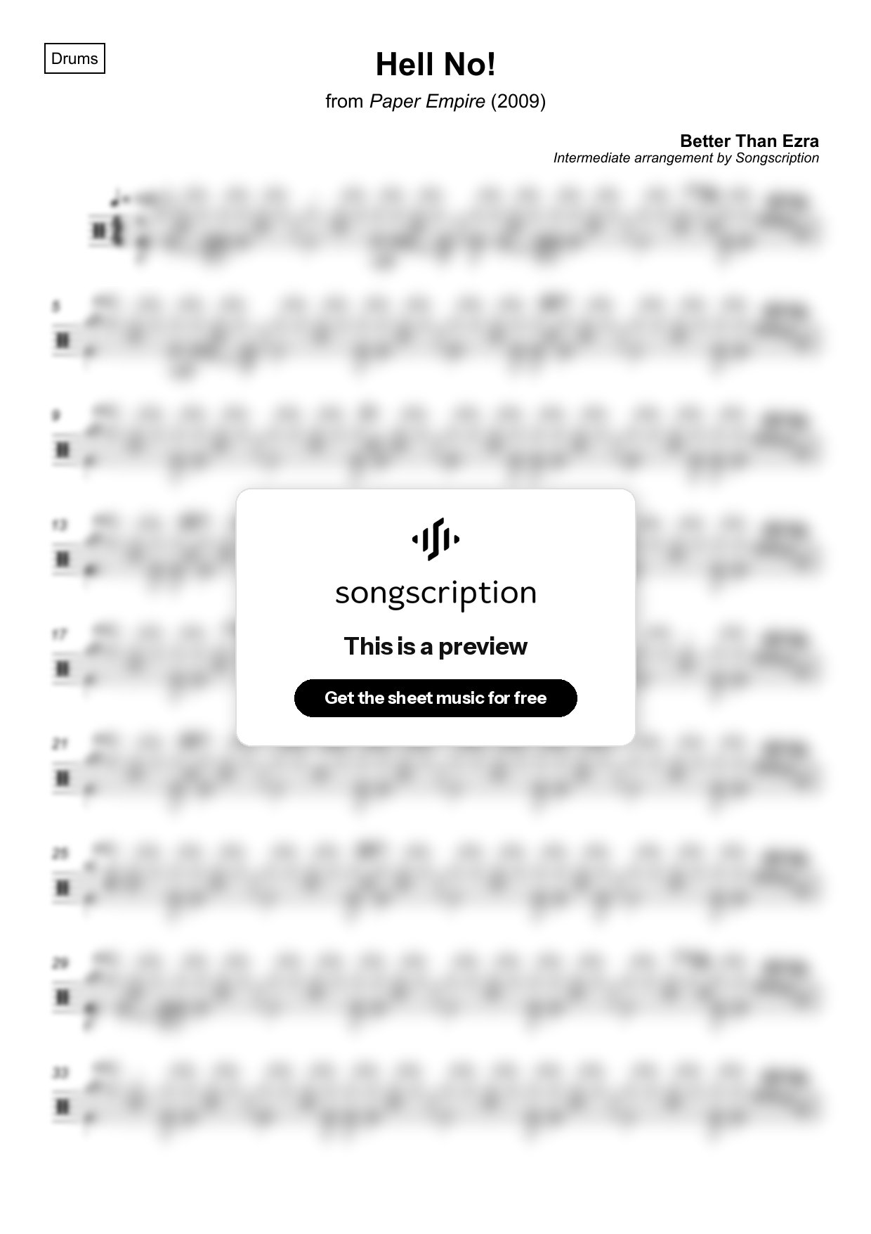 Intermediate Drums Sheet Music for "Hell No!" by Better Than Ezra