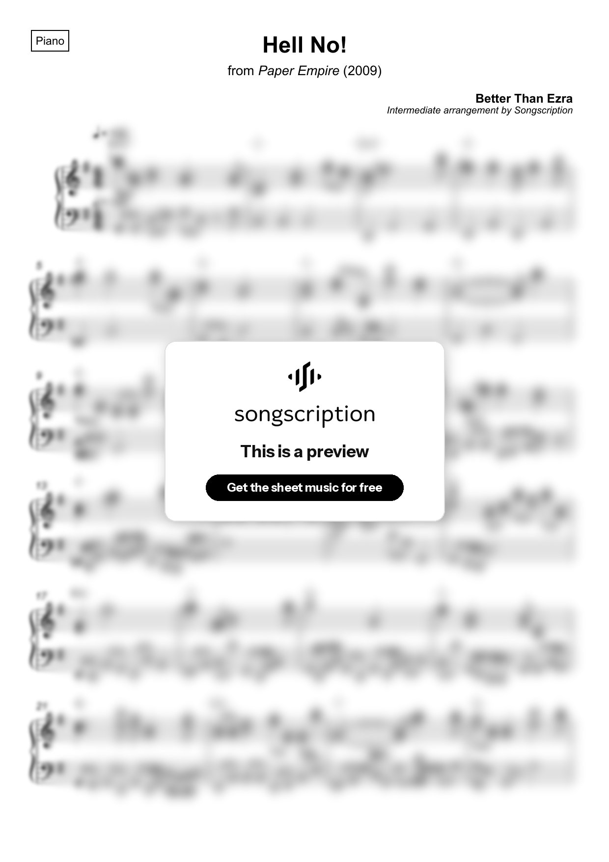 Intermediate Piano Sheet Music for "Hell No!" by Better Than Ezra