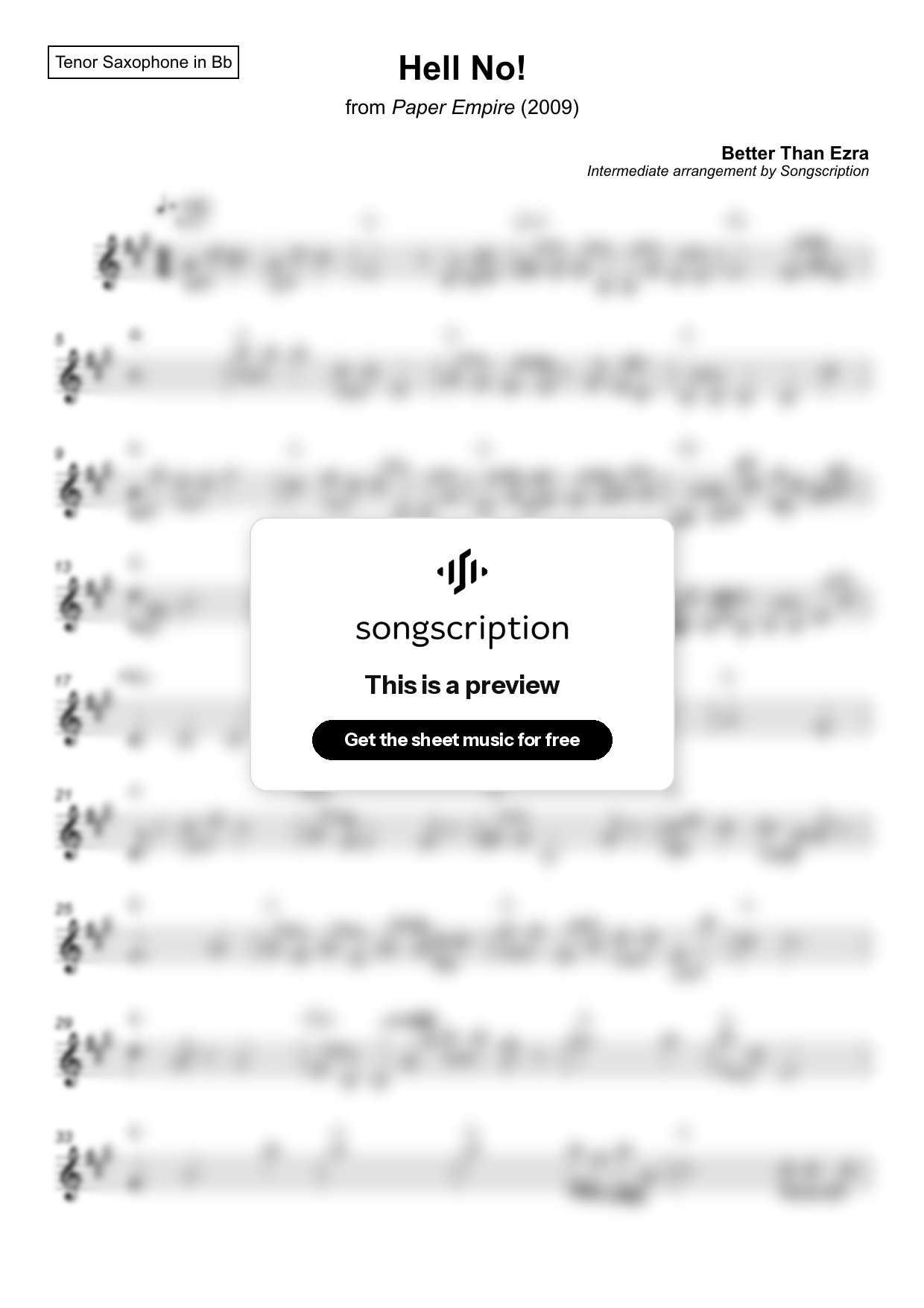Intermediate Tenor Sax Sheet Music for "Hell No!" by Better Than Ezra
