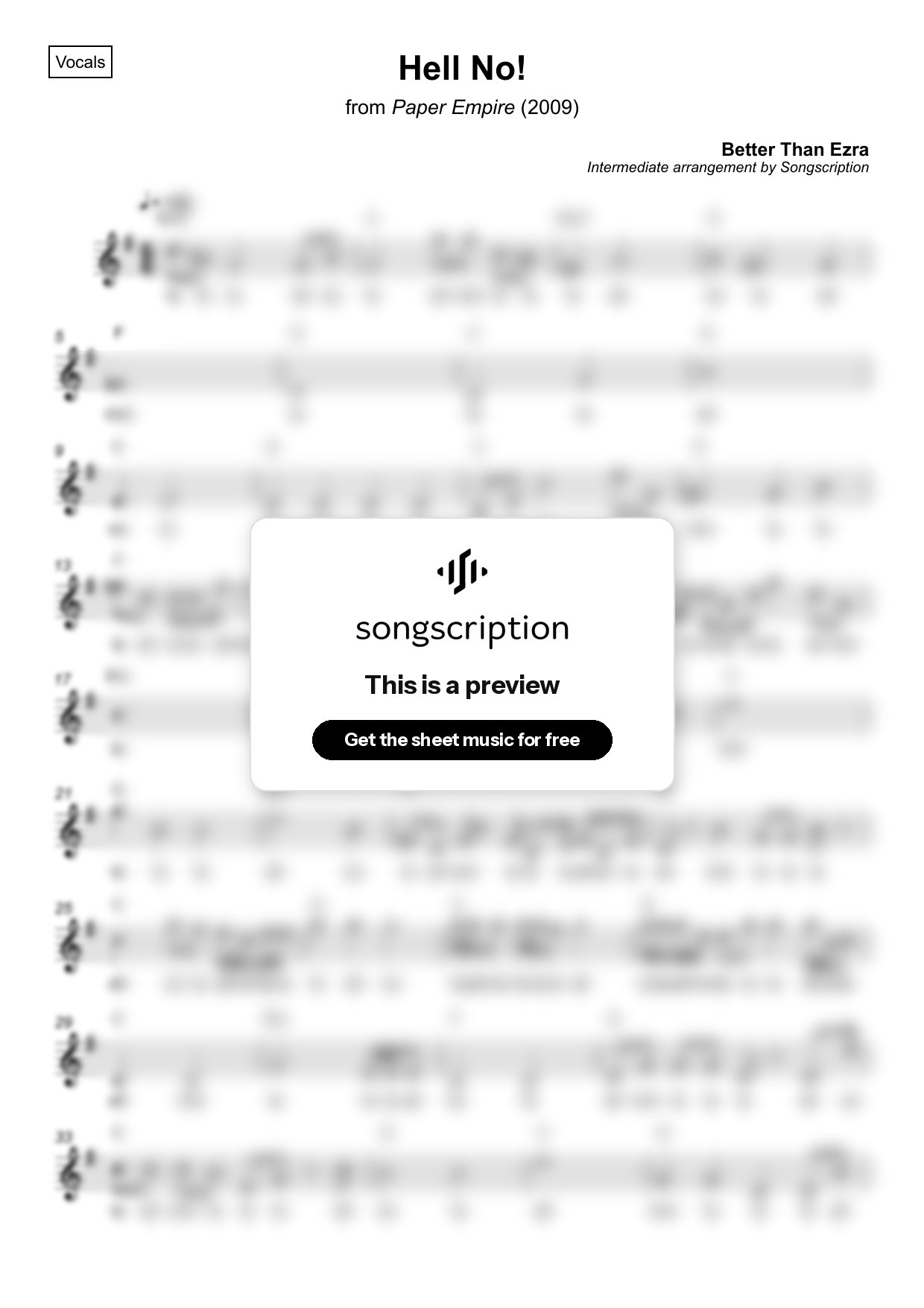 Intermediate Vocals Sheet Music for "Hell No!" by Better Than Ezra