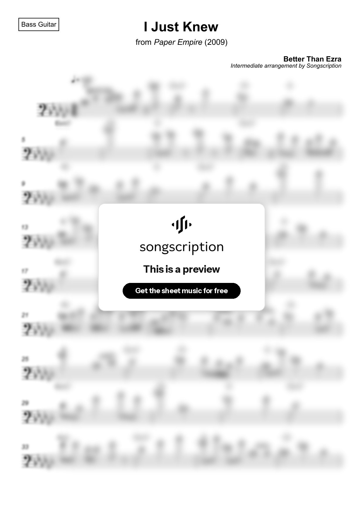 Intermediate Bass Guitar Sheet Music for "I Just Knew" by Better Than Ezra