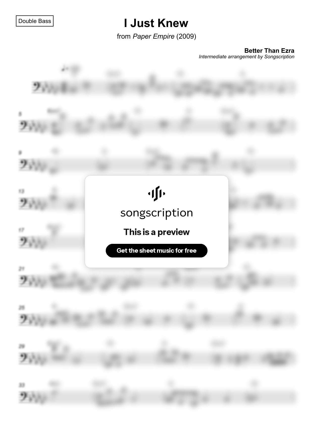 Intermediate Double Bass Sheet Music for "I Just Knew" by Better Than Ezra