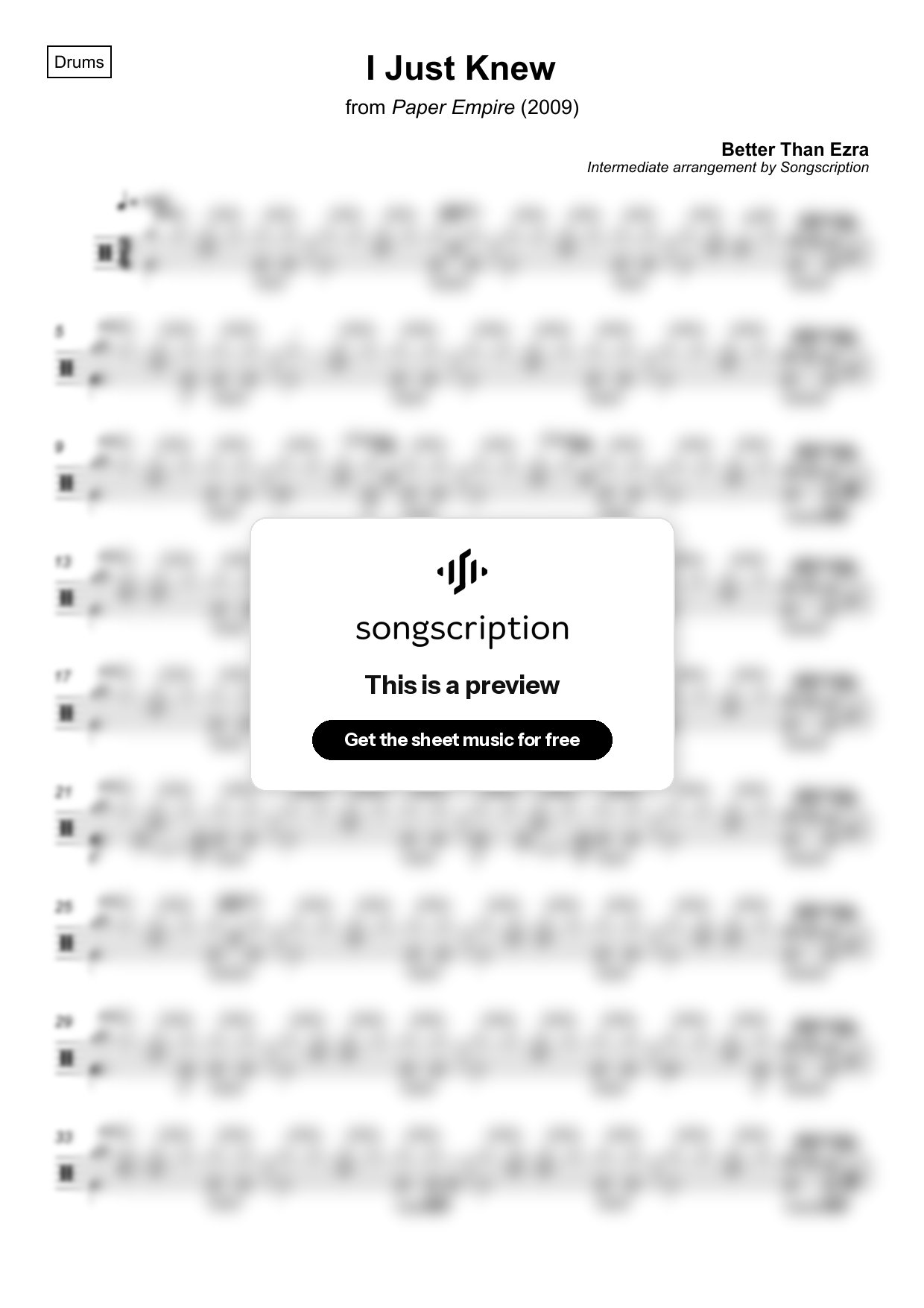 Intermediate Drums Sheet Music for "I Just Knew" by Better Than Ezra