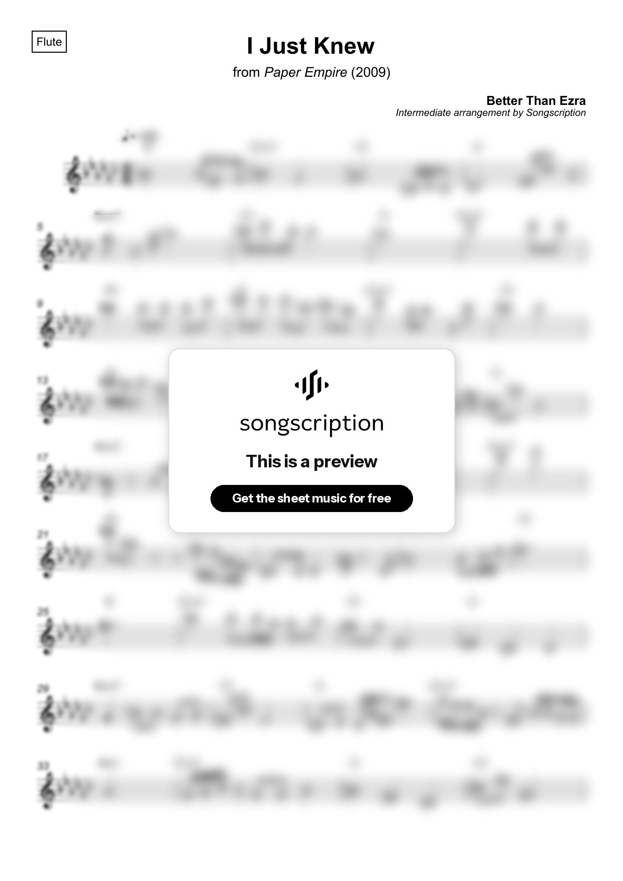 Intermediate Flute Sheet Music for "I Just Knew" by Better Than Ezra