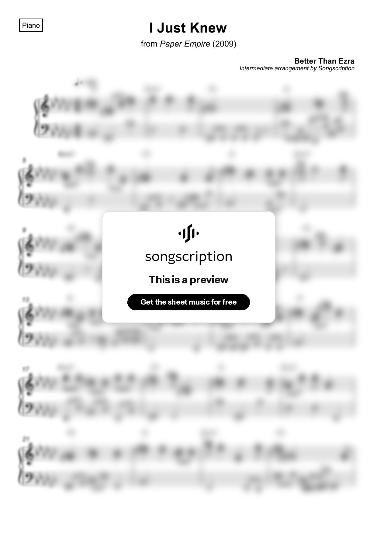 Intermediate Piano Sheet Music for "I Just Knew" by Better Than Ezra