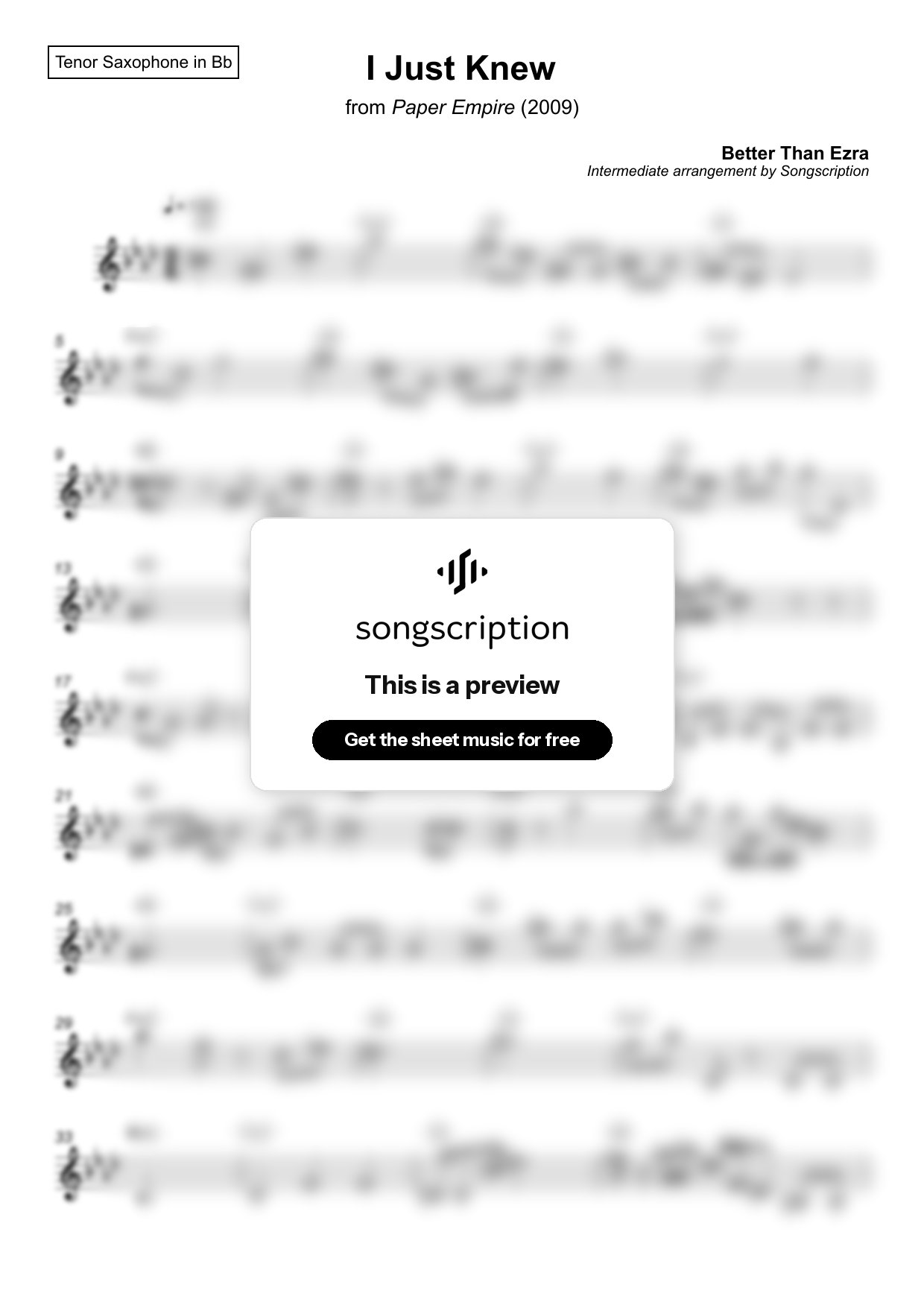 Intermediate Tenor Sax Sheet Music for "I Just Knew" by Better Than Ezra