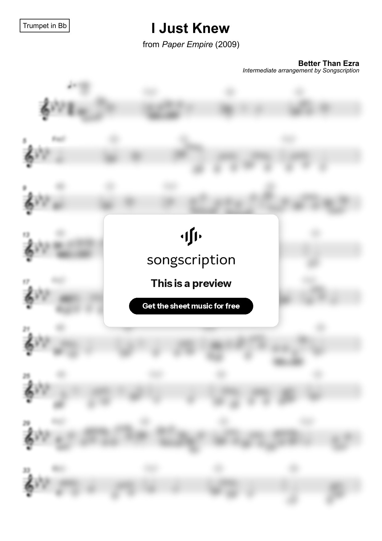 Intermediate Trumpet Sheet Music for "I Just Knew" by Better Than Ezra