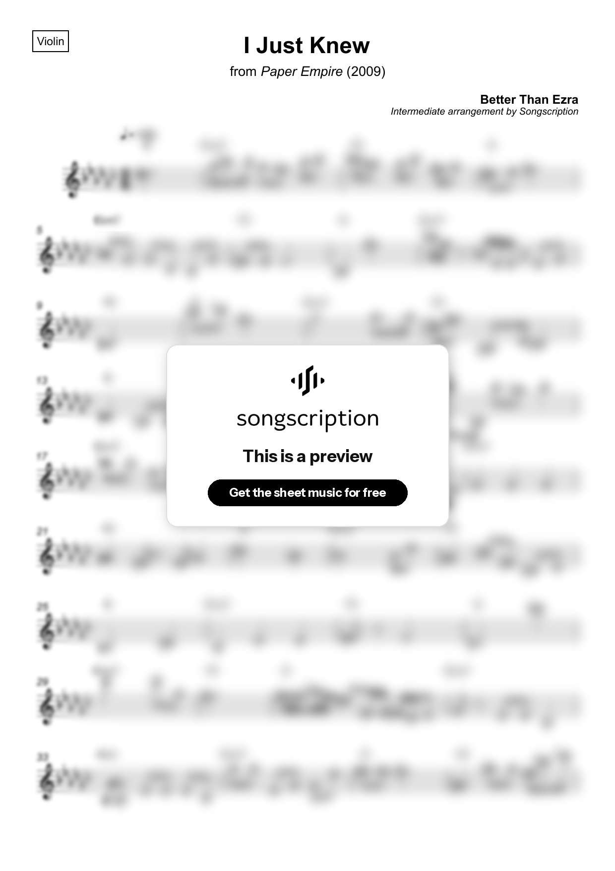 Intermediate Violin Sheet Music for "I Just Knew" by Better Than Ezra