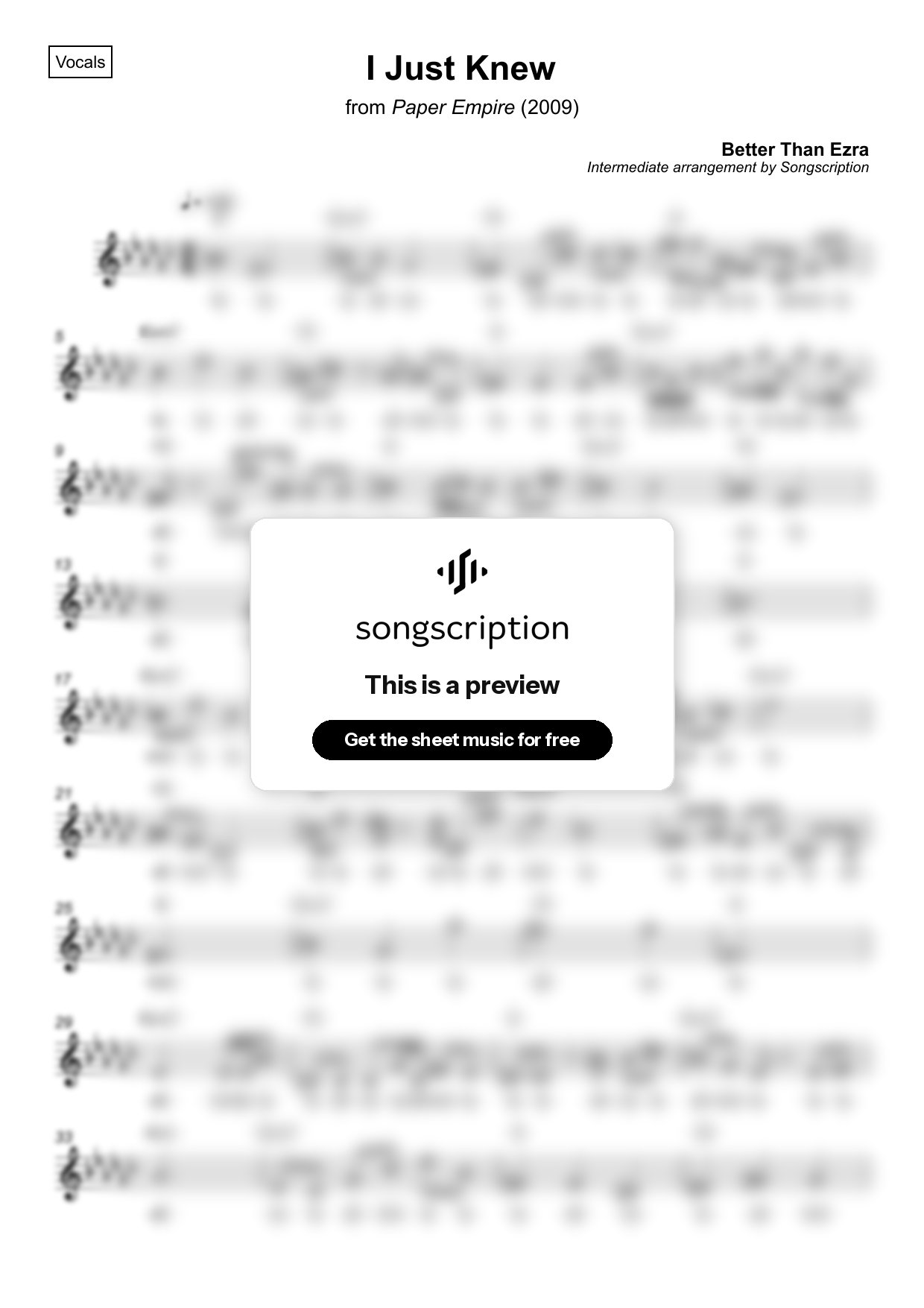 Intermediate Vocals Sheet Music for "I Just Knew" by Better Than Ezra