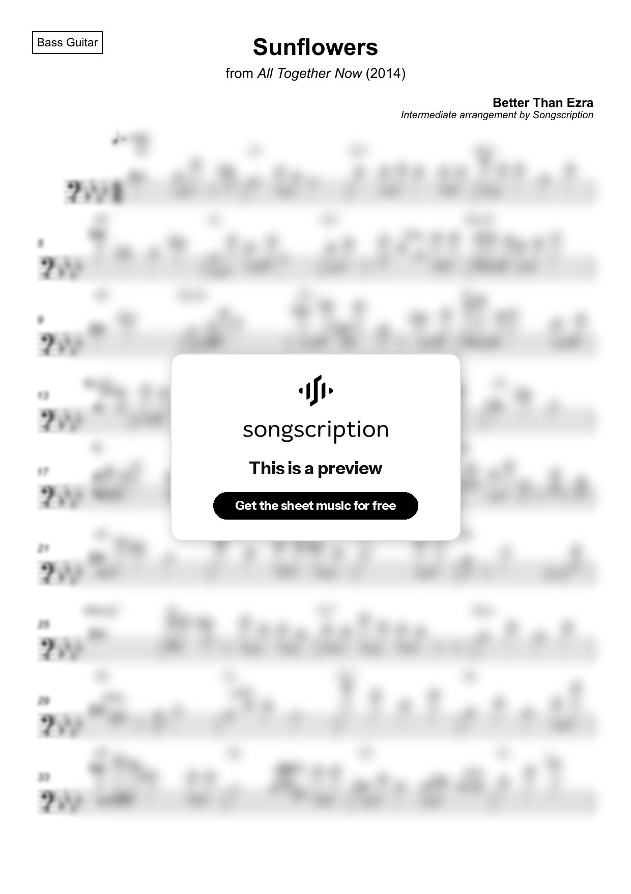 Intermediate Bass Guitar Sheet Music for "Sunflowers" by Better Than Ezra