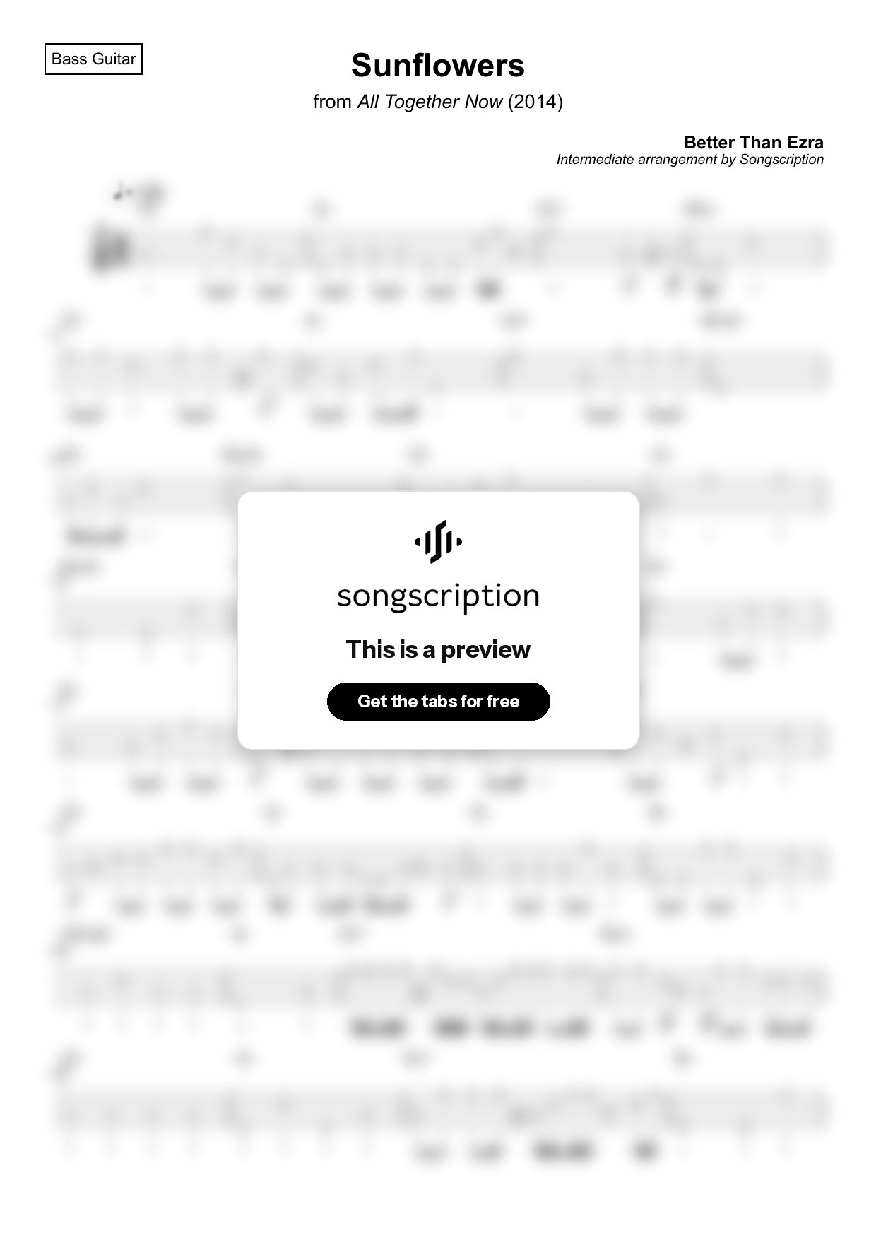 Intermediate Bass Guitar Tabs for "Sunflowers" by Better Than Ezra