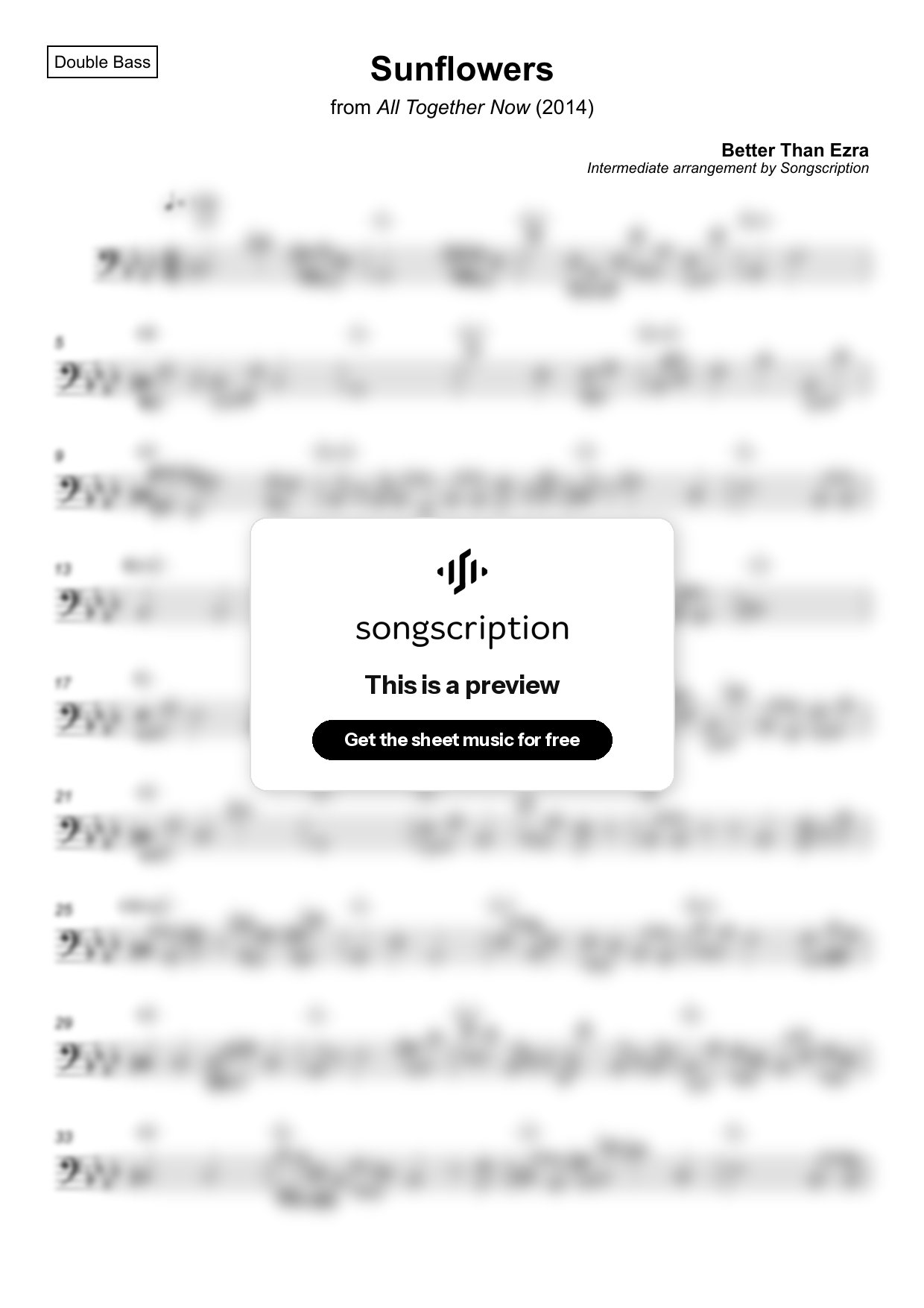 Intermediate Double Bass Sheet Music for "Sunflowers" by Better Than Ezra