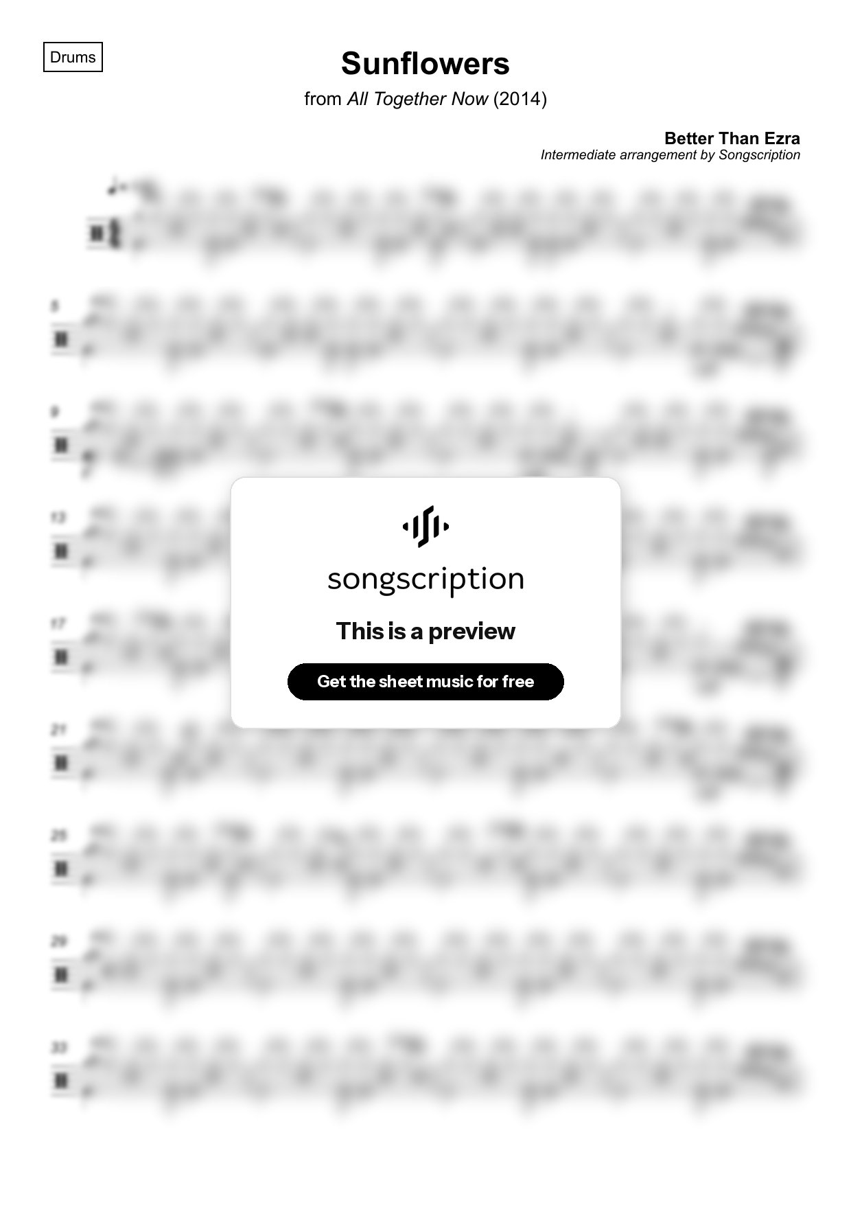 Intermediate Drums Sheet Music for "Sunflowers" by Better Than Ezra