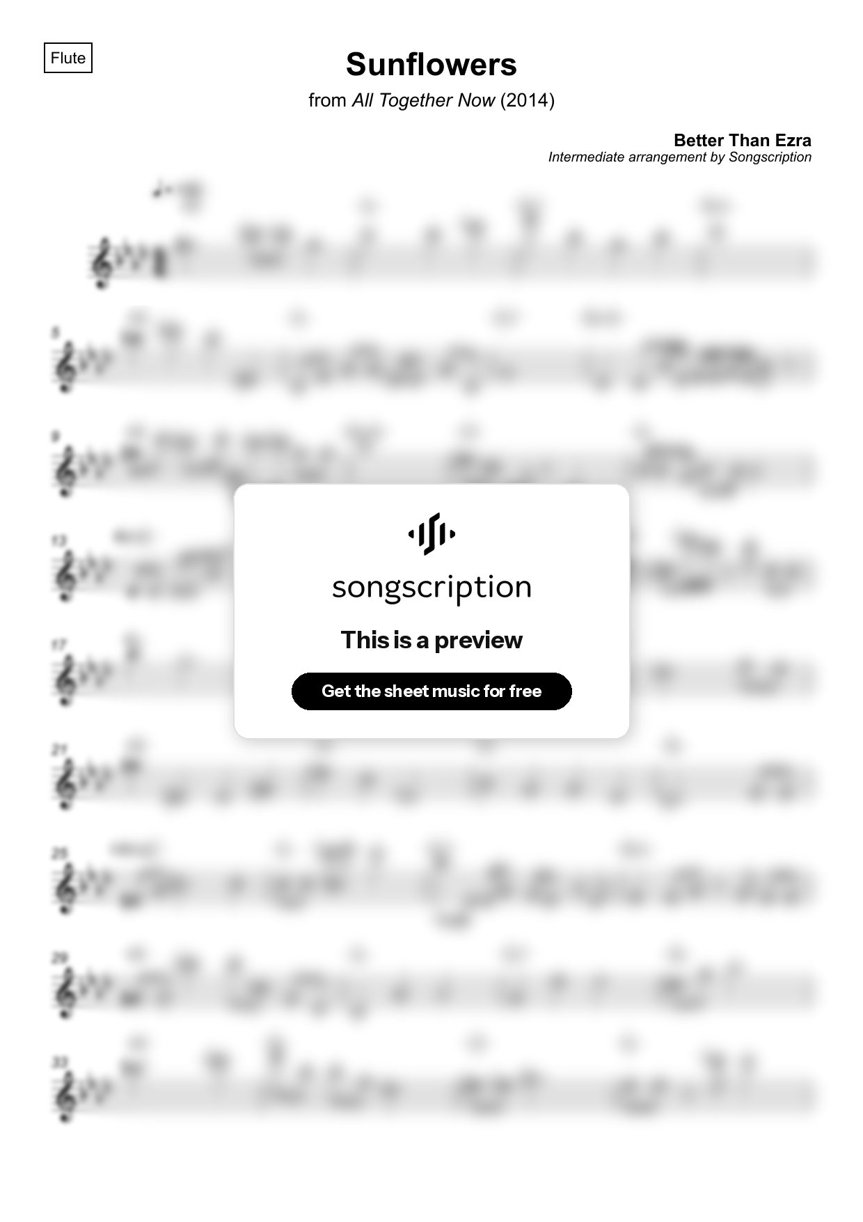 Intermediate Flute Sheet Music for "Sunflowers" by Better Than Ezra