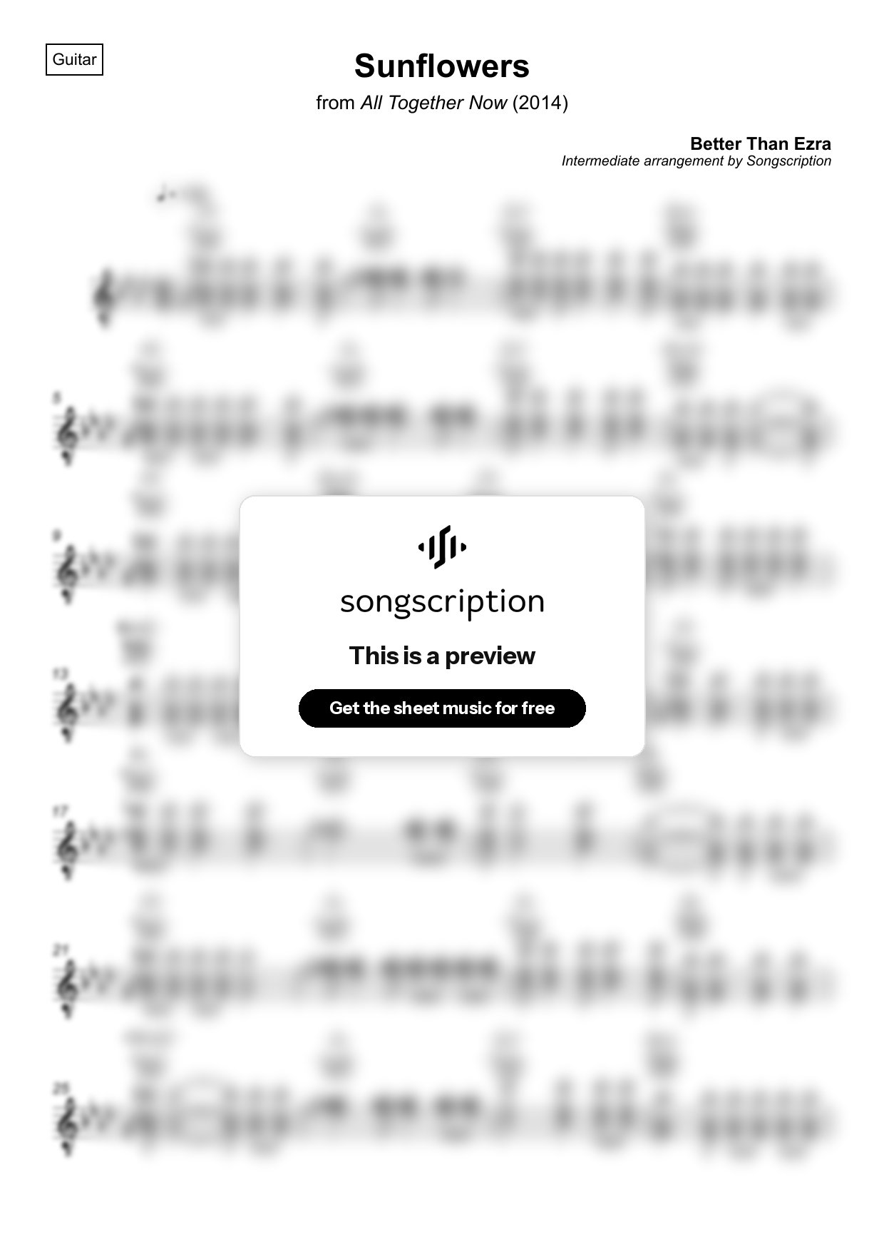 Intermediate Acoustic Guitar Sheet Music for "Sunflowers" by Better Than Ezra