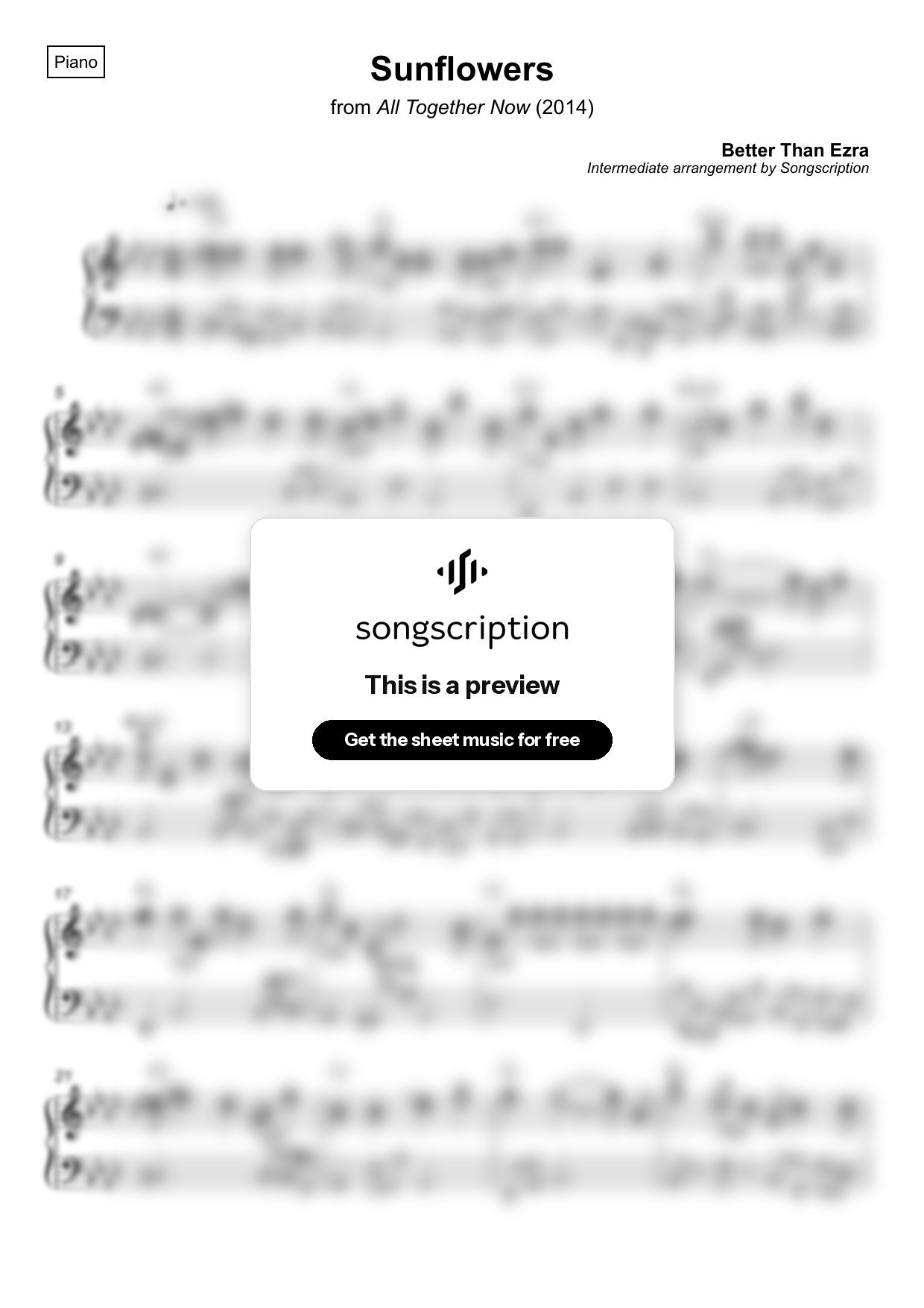 Intermediate Piano Sheet Music for "Sunflowers" by Better Than Ezra