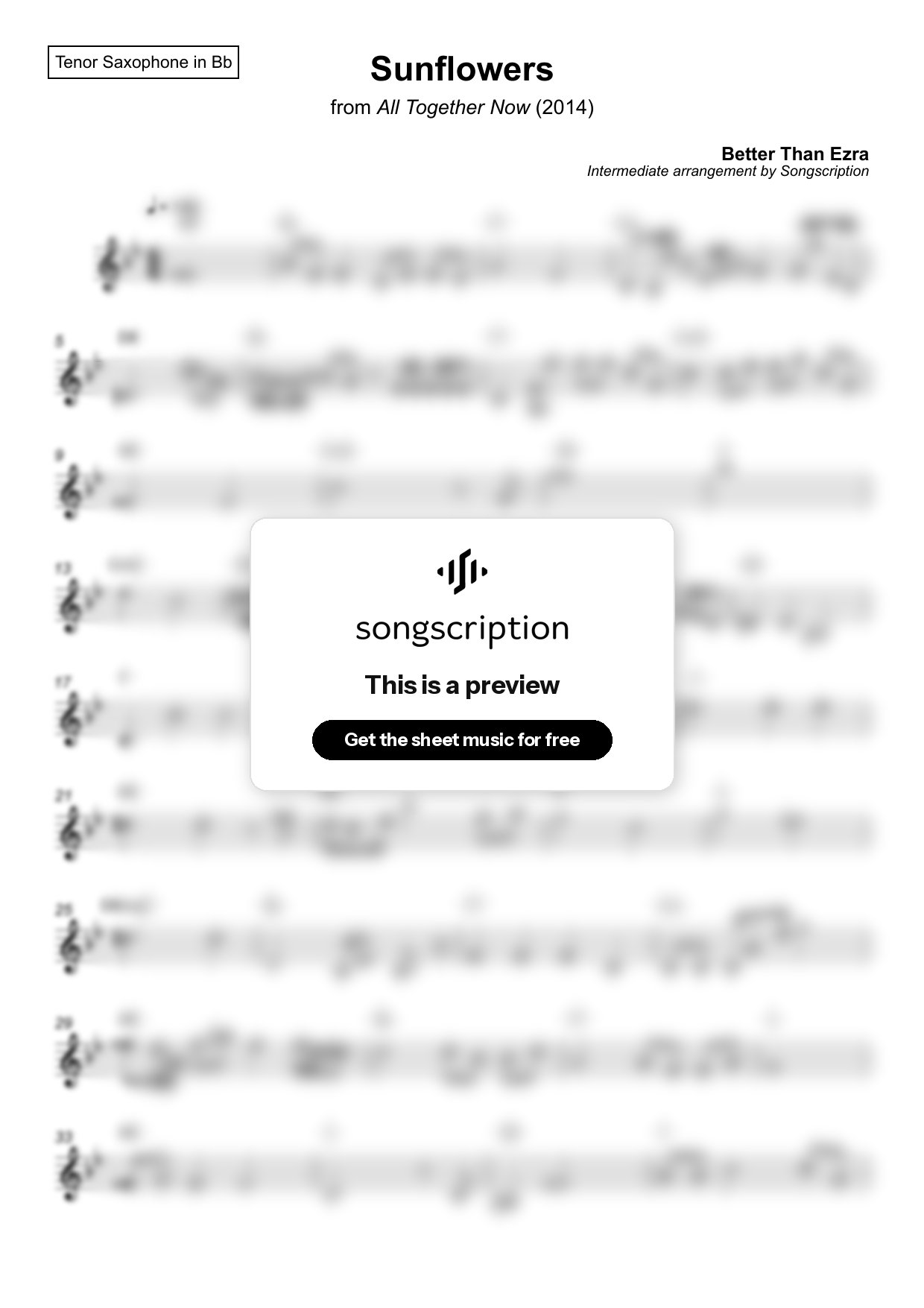 Intermediate Tenor Sax Sheet Music for "Sunflowers" by Better Than Ezra