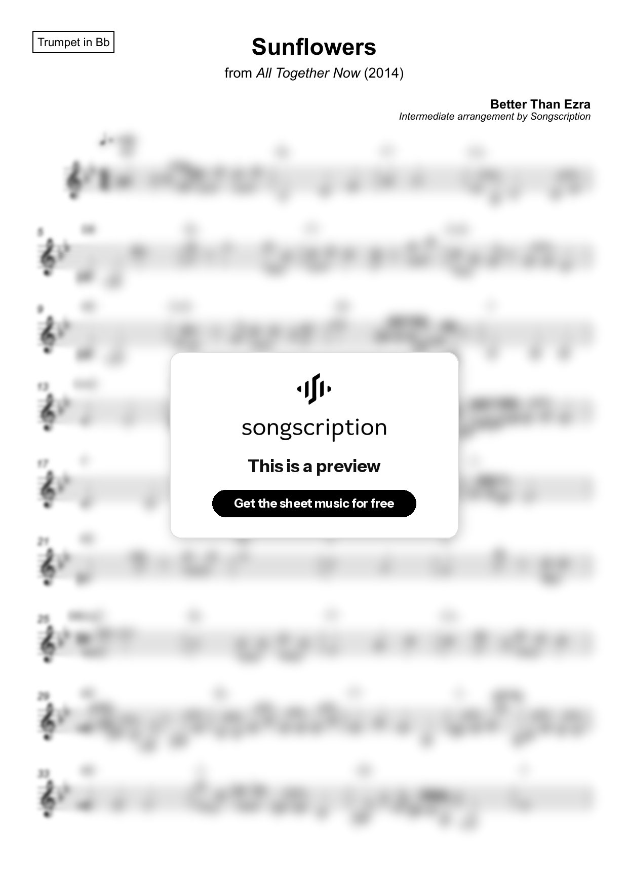 Intermediate Trumpet Sheet Music for "Sunflowers" by Better Than Ezra