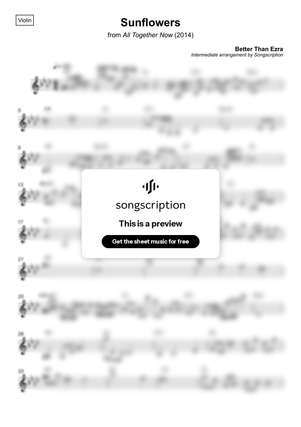 Intermediate Violin Sheet Music for "Sunflowers" by Better Than Ezra