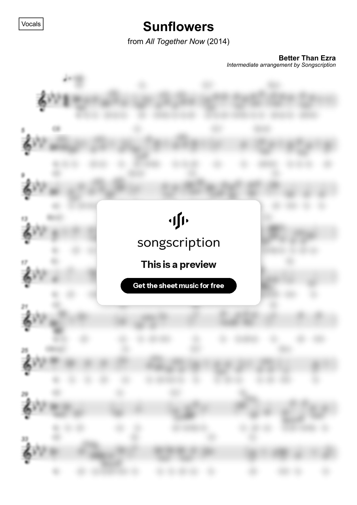 Intermediate Vocals Sheet Music for "Sunflowers" by Better Than Ezra