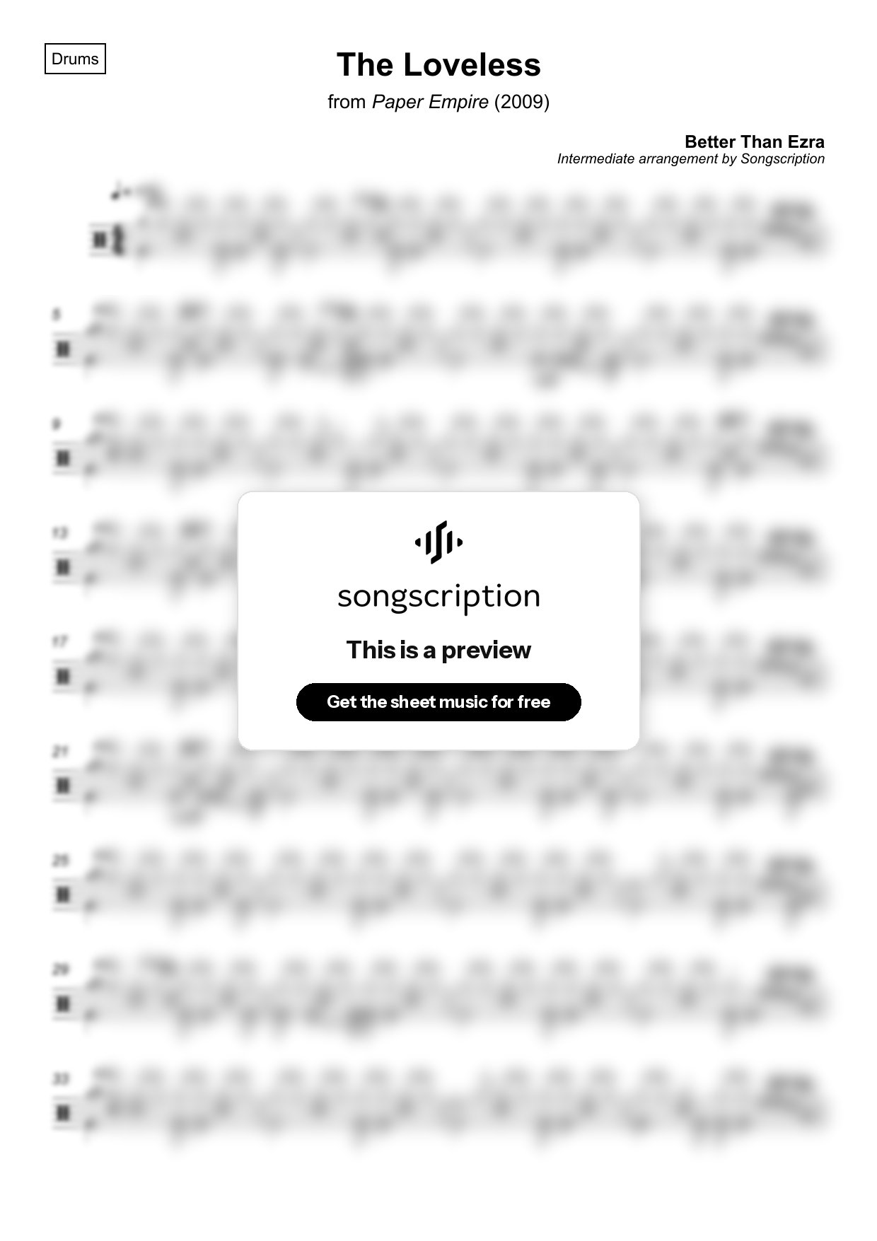 Intermediate Drums Sheet Music for "The Loveless" by Better Than Ezra