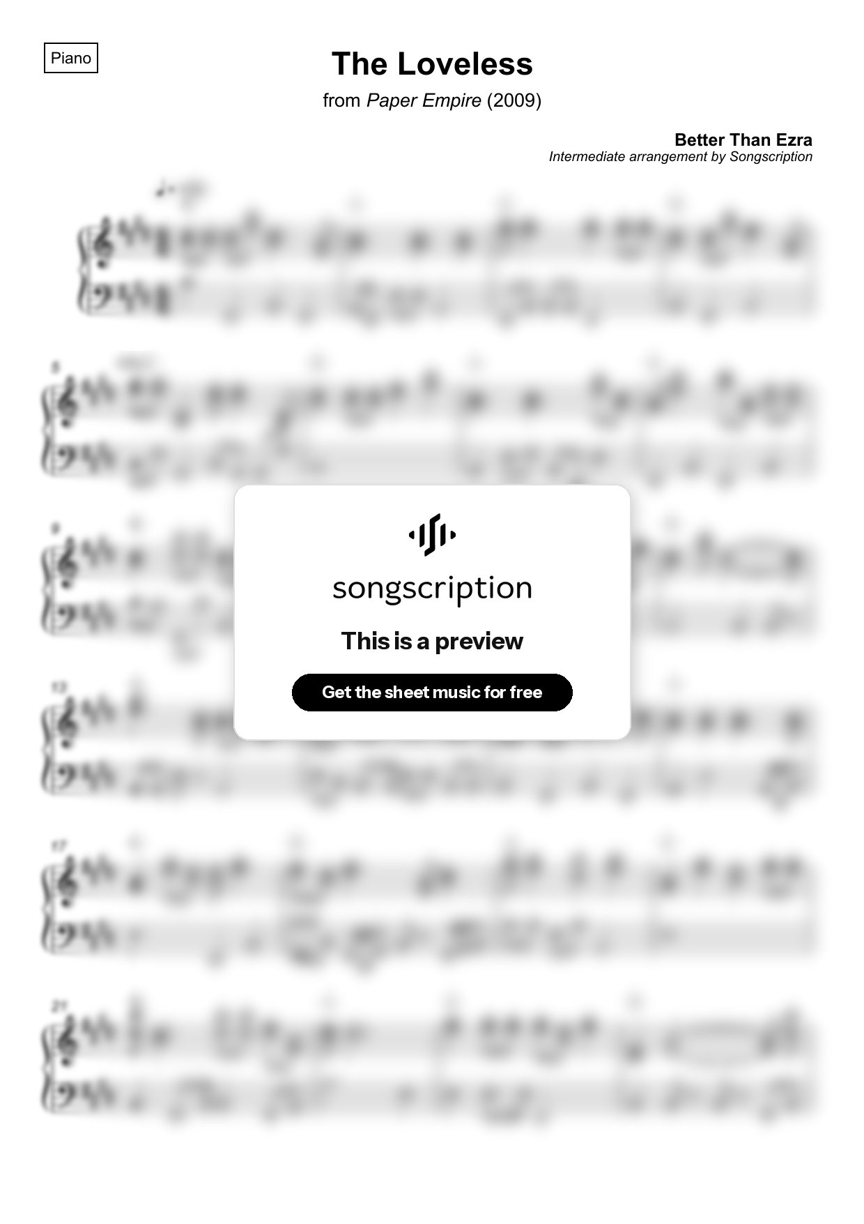 Intermediate Piano Sheet Music for "The Loveless" by Better Than Ezra