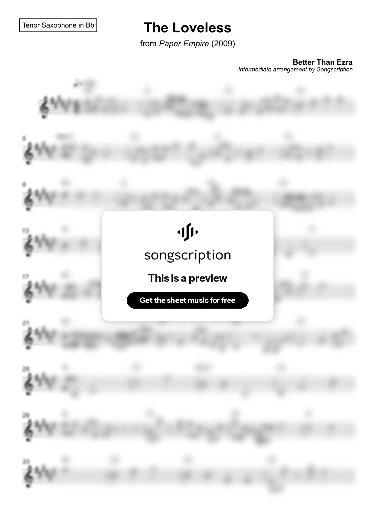 Intermediate Tenor Sax Sheet Music for "The Loveless" by Better Than Ezra