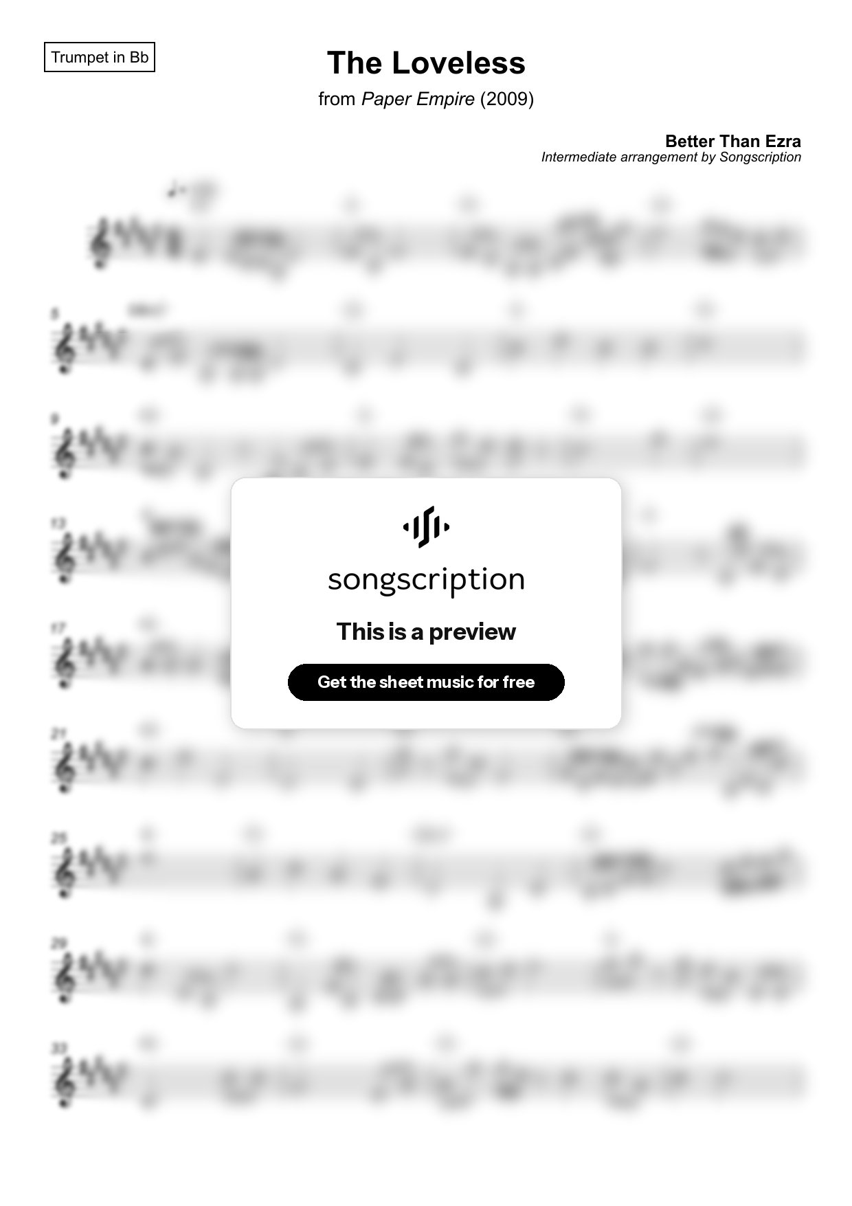 Intermediate Trumpet Sheet Music for "The Loveless" by Better Than Ezra