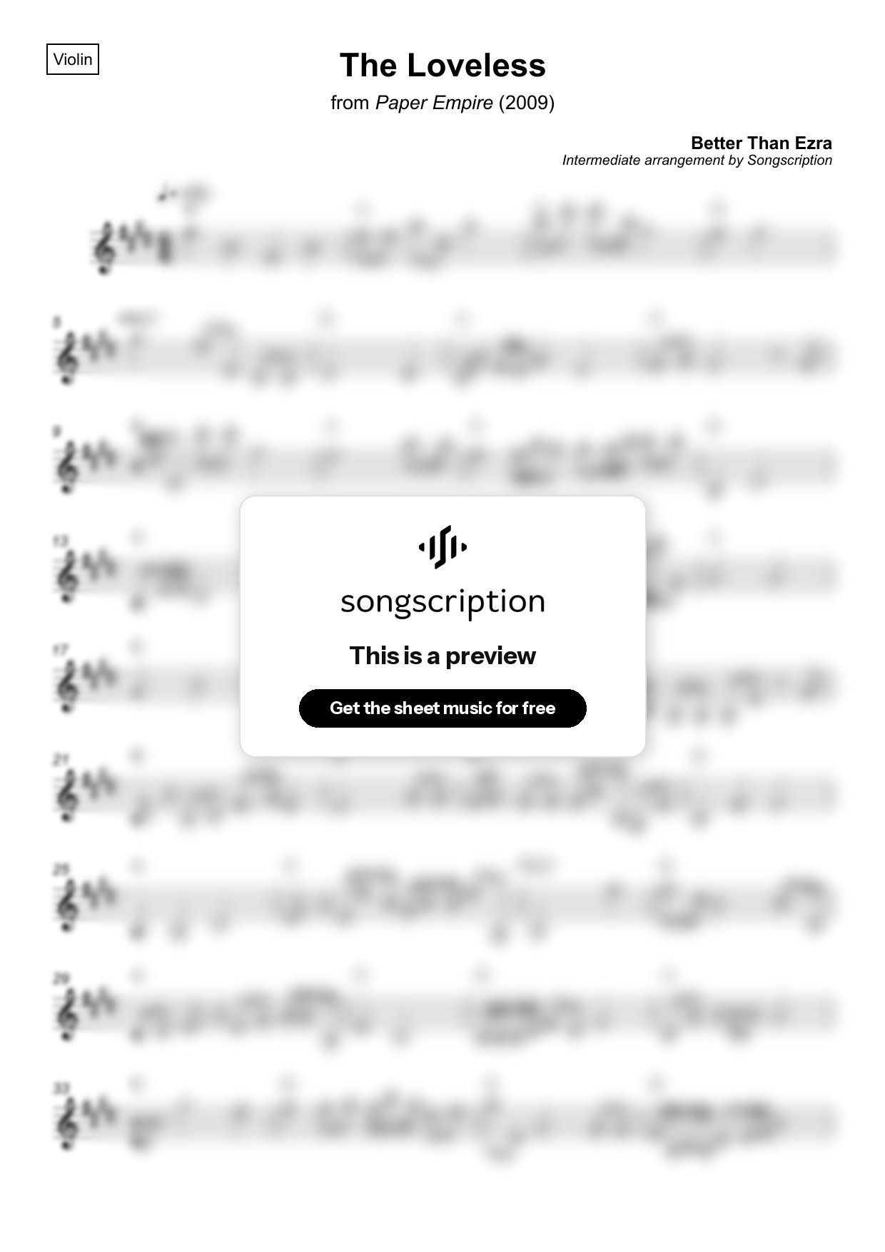 Intermediate Violin Sheet Music for "The Loveless" by Better Than Ezra