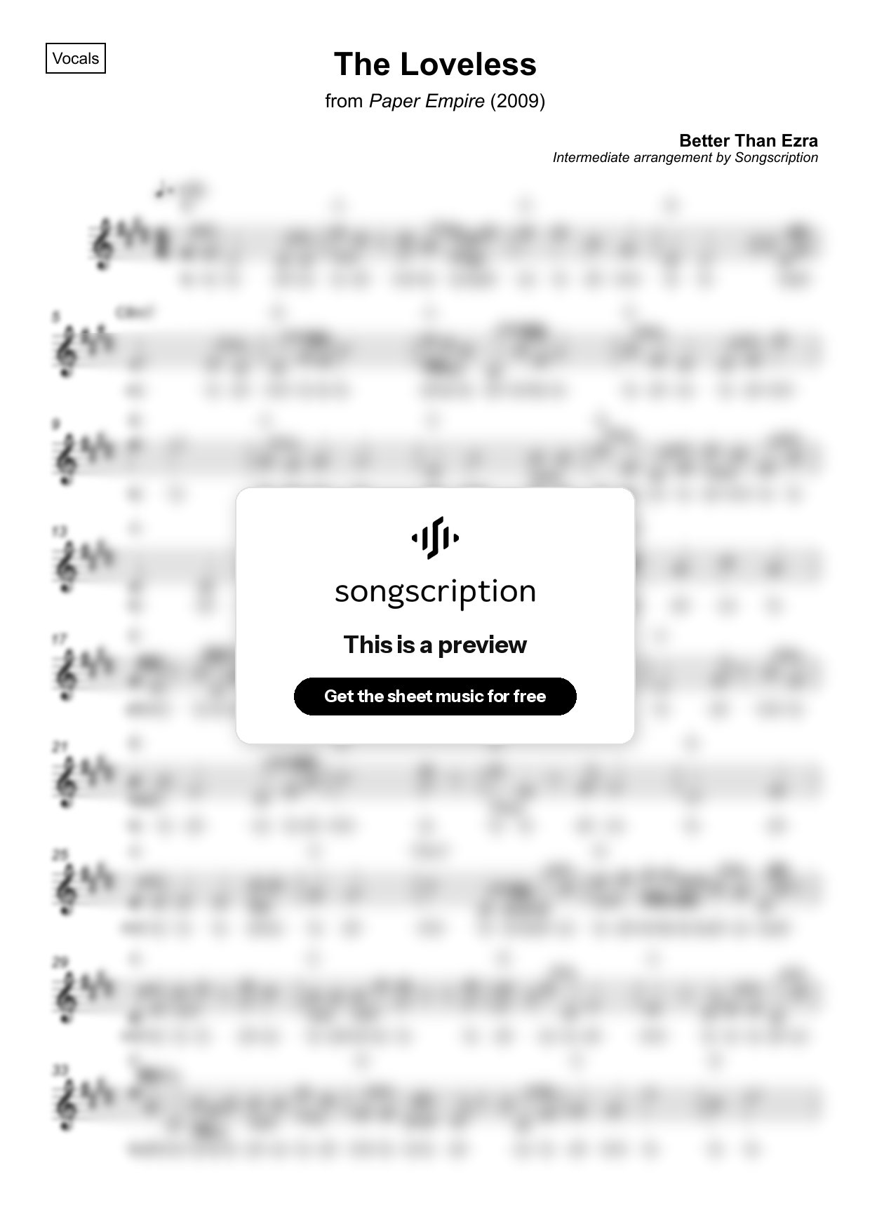 Intermediate Vocals Sheet Music for "The Loveless" by Better Than Ezra