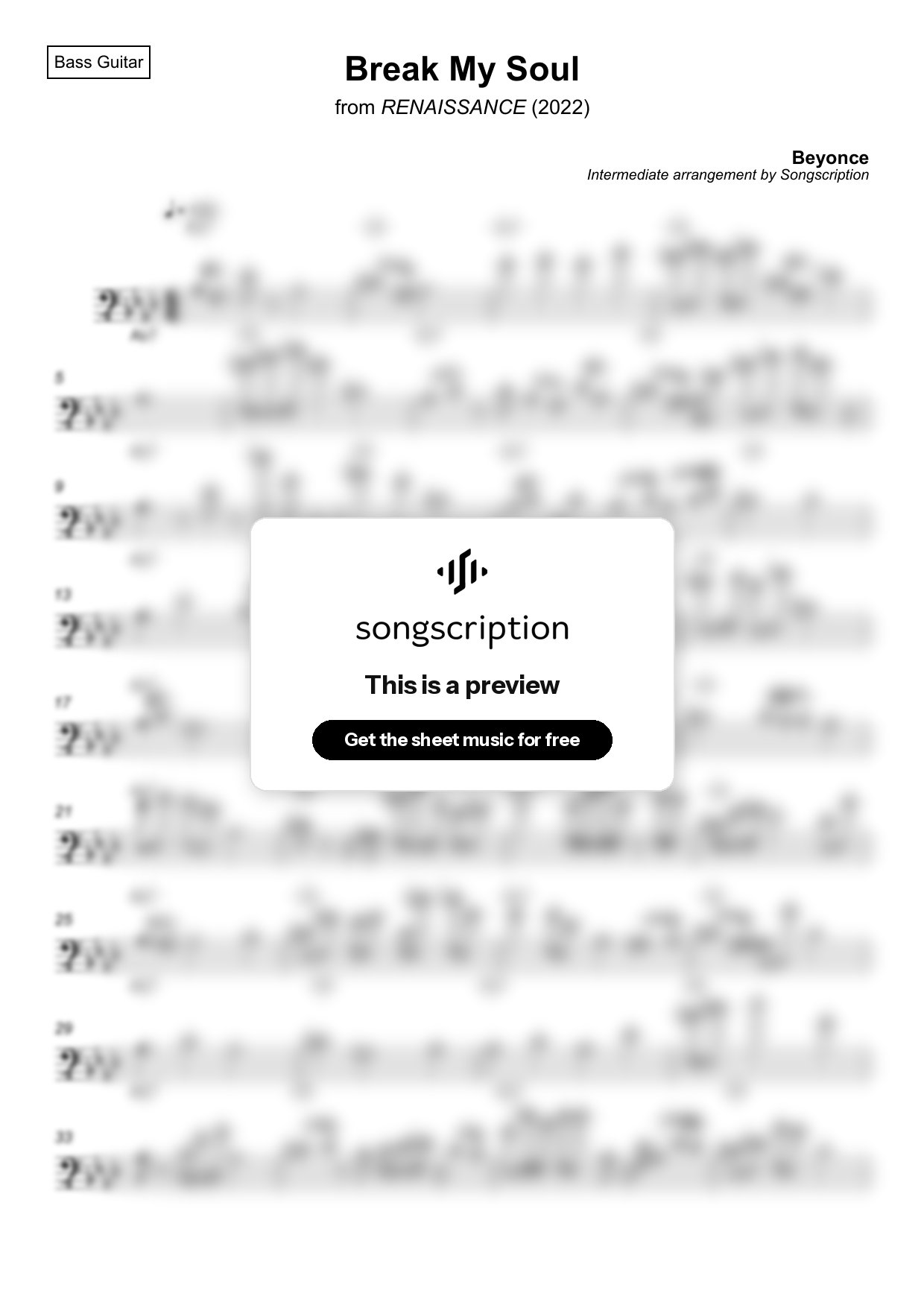 Intermediate Bass Guitar Sheet Music for "Break My Soul" by Beyonce