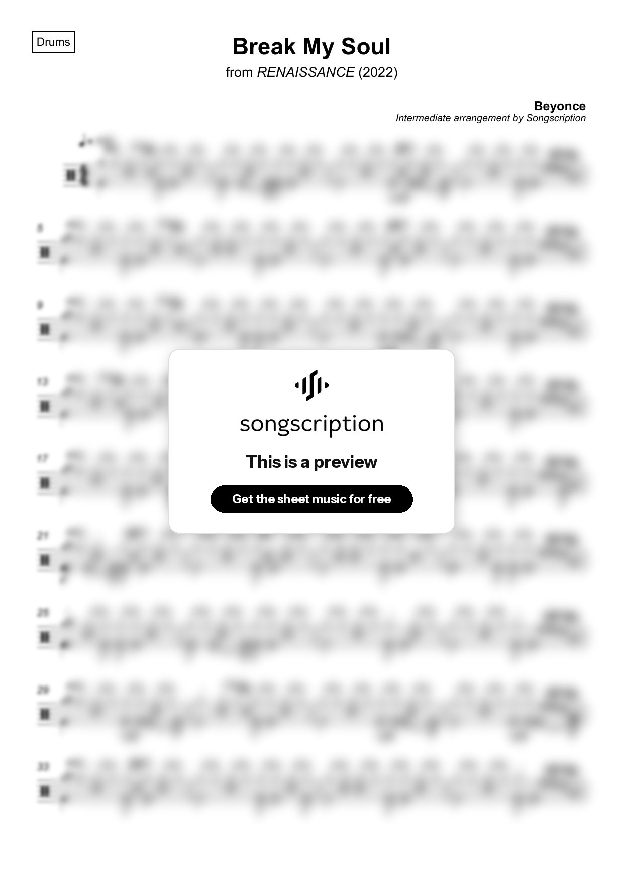 Intermediate Drums Sheet Music for "Break My Soul" by Beyonce