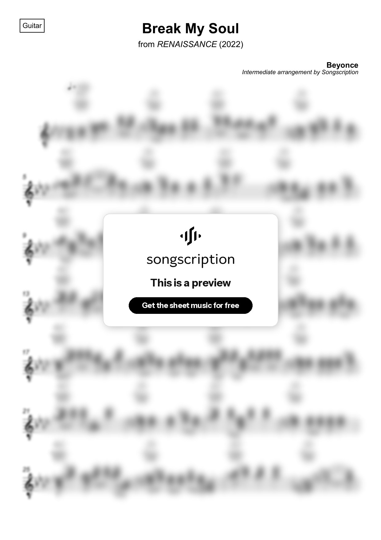 Intermediate Acoustic Guitar Sheet Music for "Break My Soul" by Beyonce