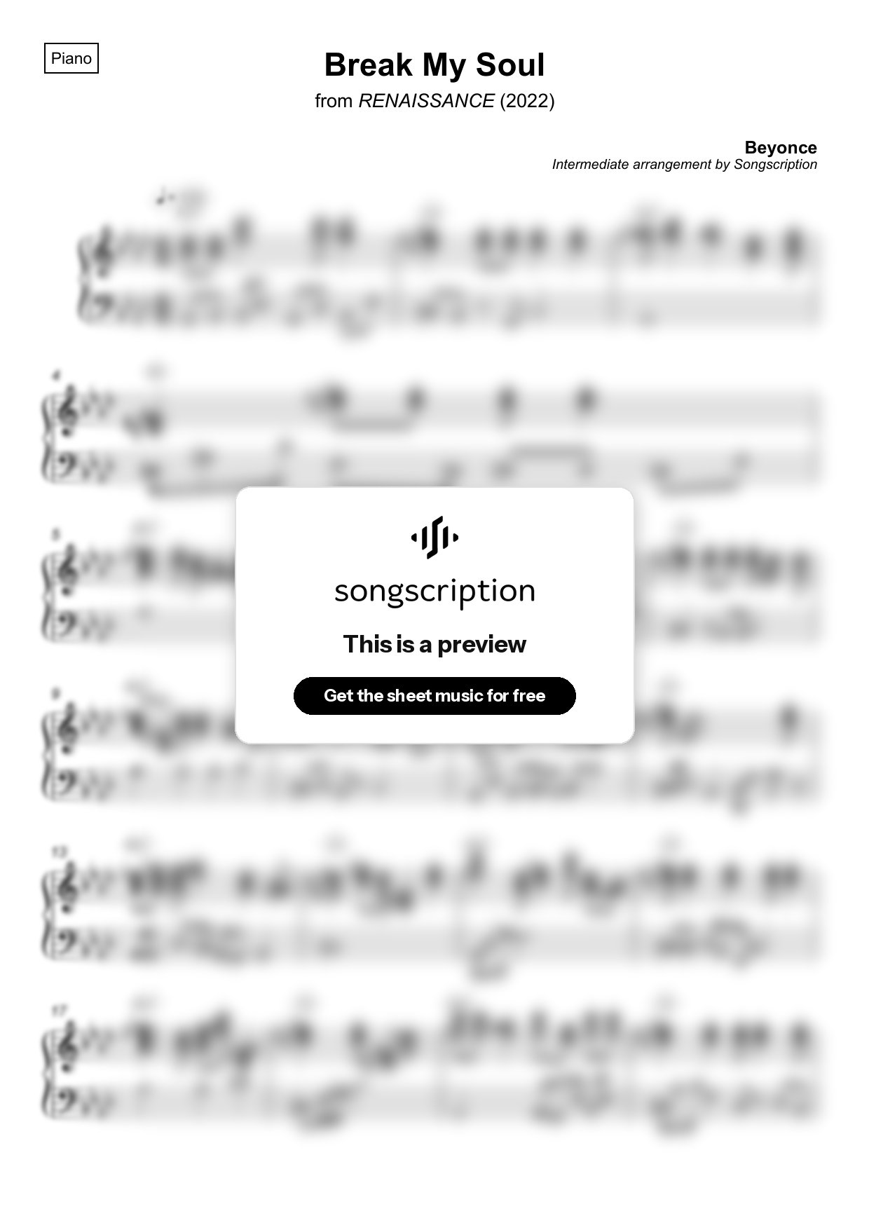 Intermediate Piano Sheet Music for "Break My Soul" by Beyonce