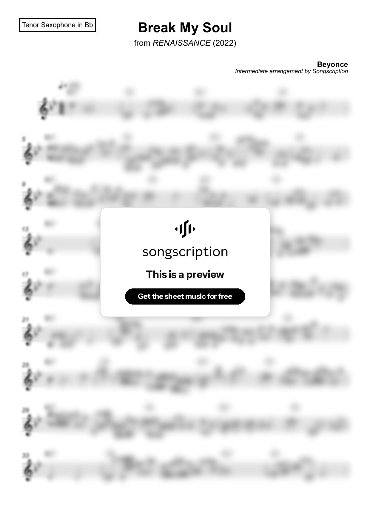 Intermediate Tenor Sax Sheet Music for "Break My Soul" by Beyonce