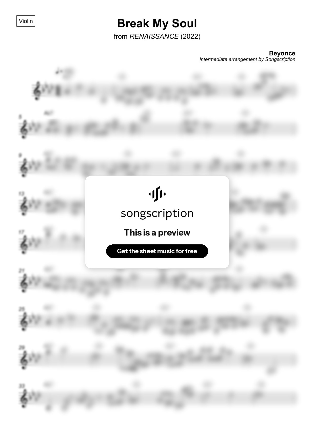 Intermediate Violin Sheet Music for "Break My Soul" by Beyonce