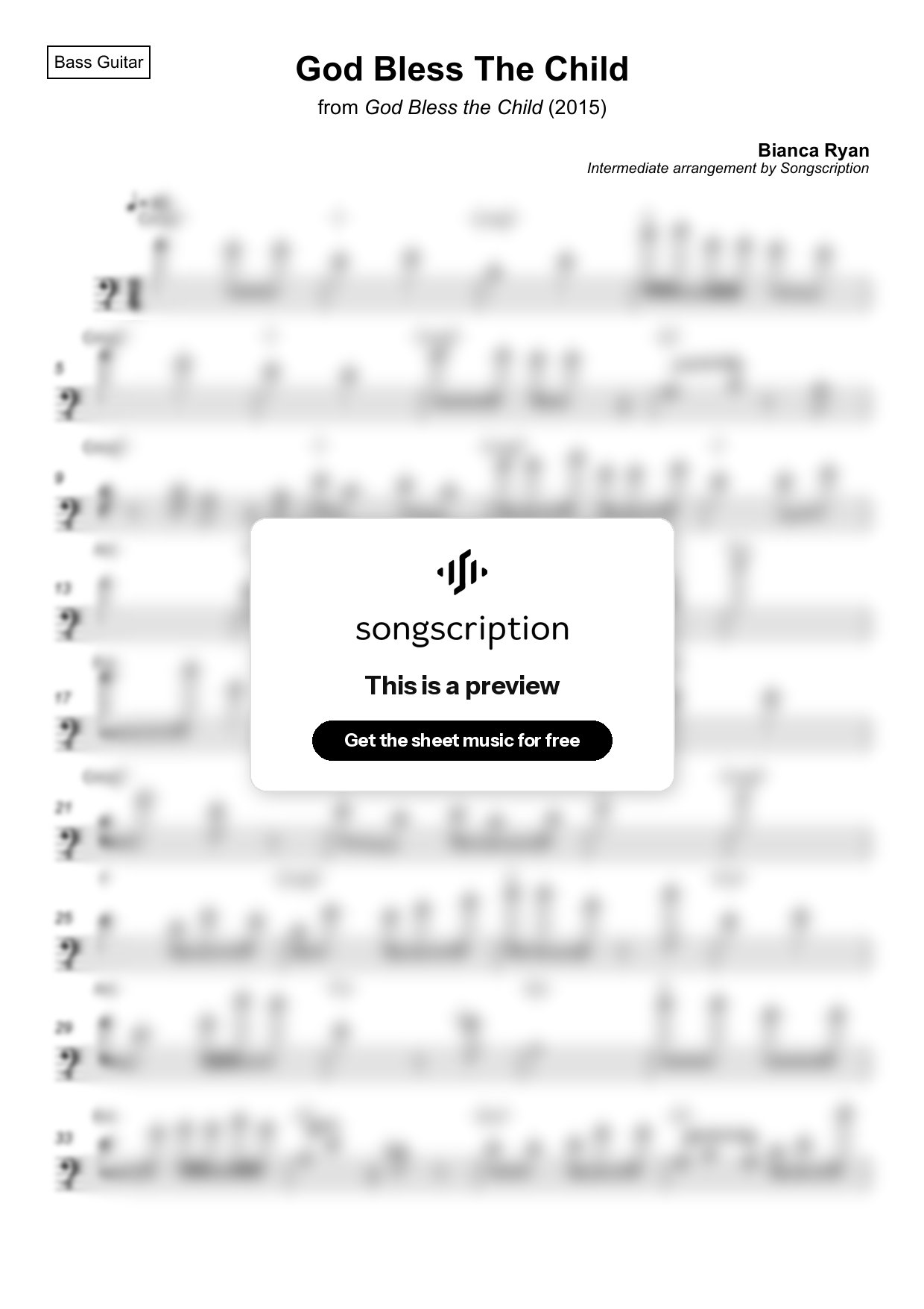 Intermediate Bass Guitar Sheet Music for "God Bless The Child" by Bianca Ryan