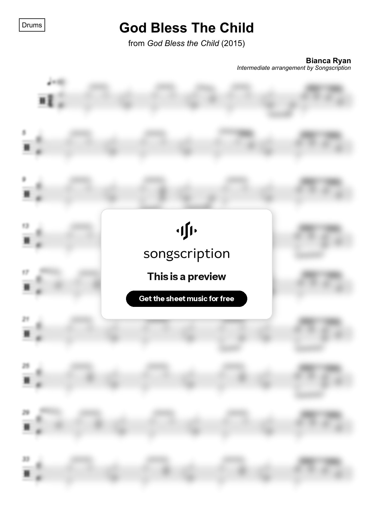 Intermediate Drums Sheet Music for "God Bless The Child" by Bianca Ryan