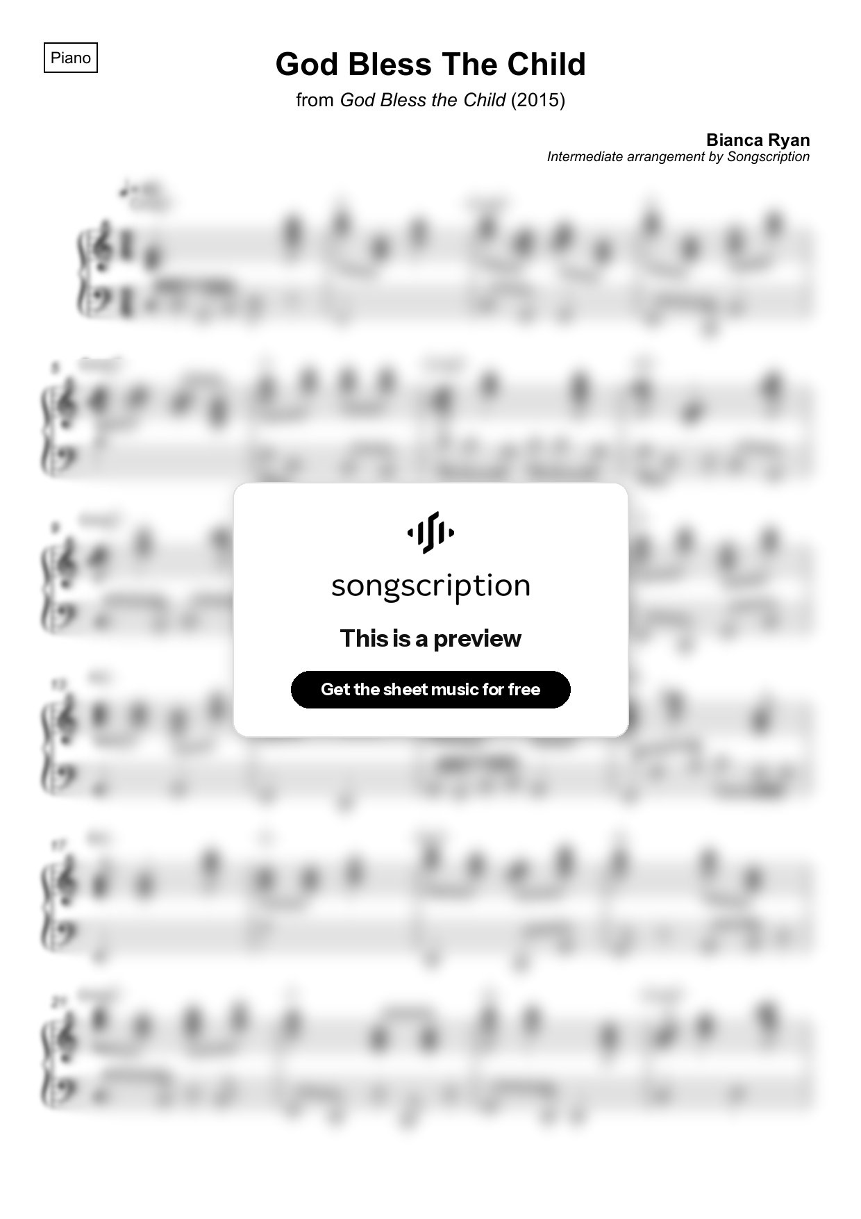 Intermediate Piano Sheet Music for "God Bless The Child" by Bianca Ryan
