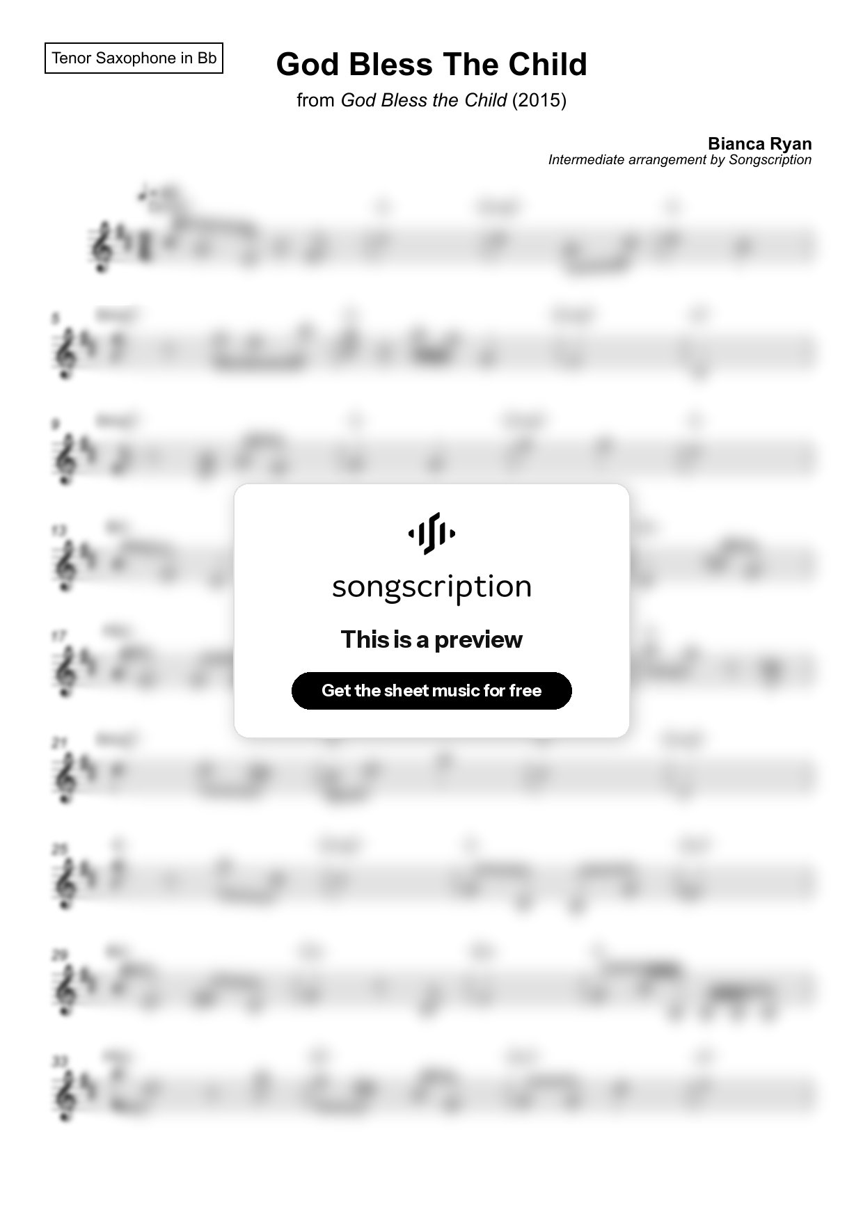 Intermediate Tenor Sax Sheet Music for "God Bless The Child" by Bianca Ryan