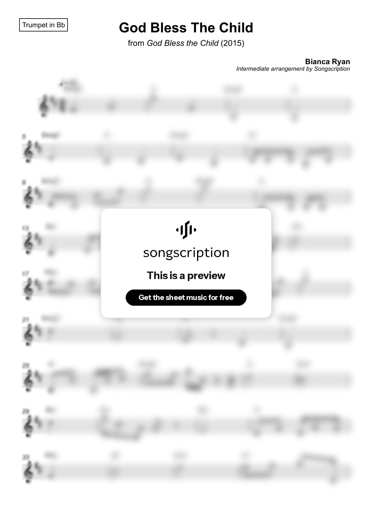 Intermediate Trumpet Sheet Music for "God Bless The Child" by Bianca Ryan
