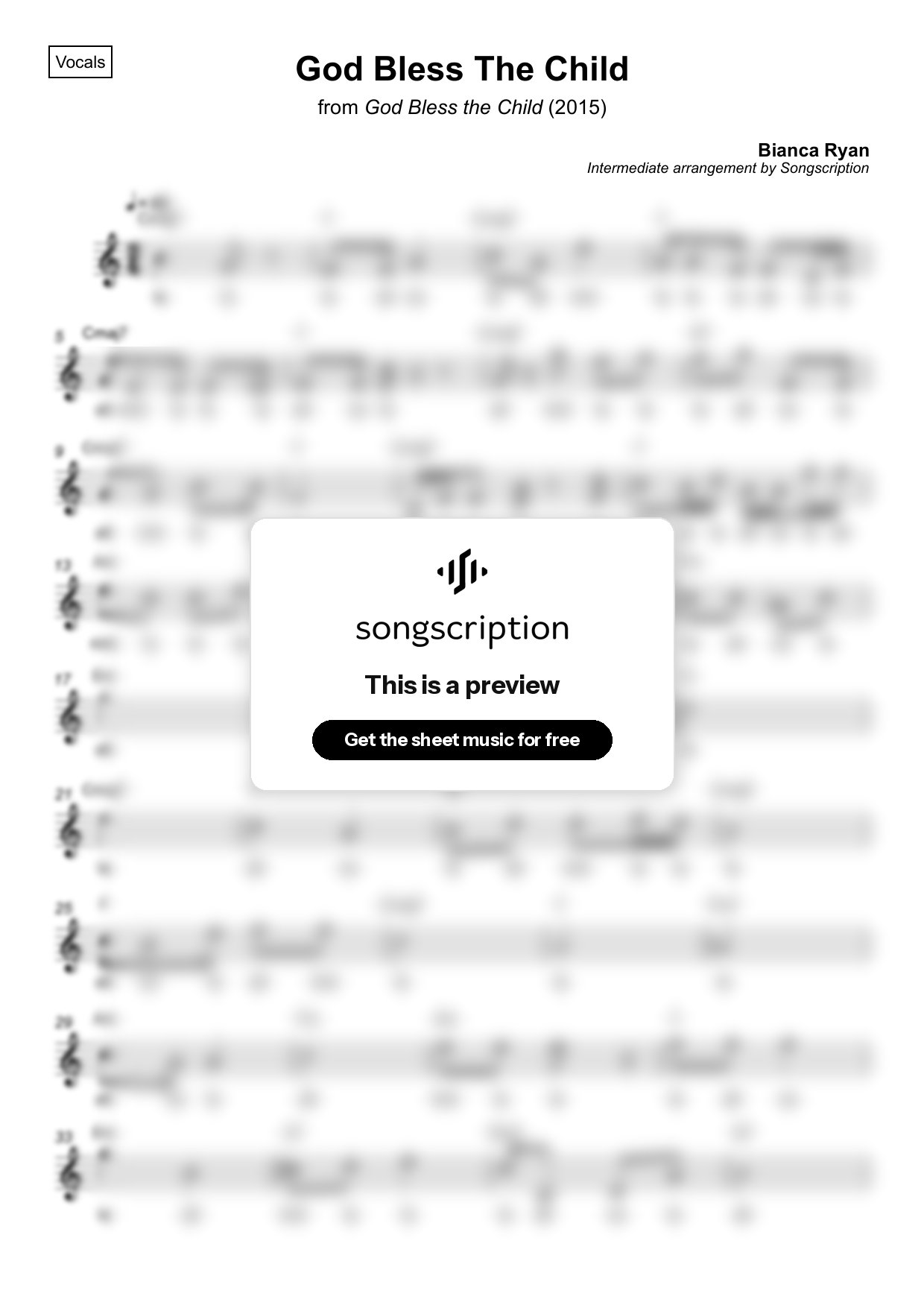 Intermediate Vocals Sheet Music for "God Bless The Child" by Bianca Ryan
