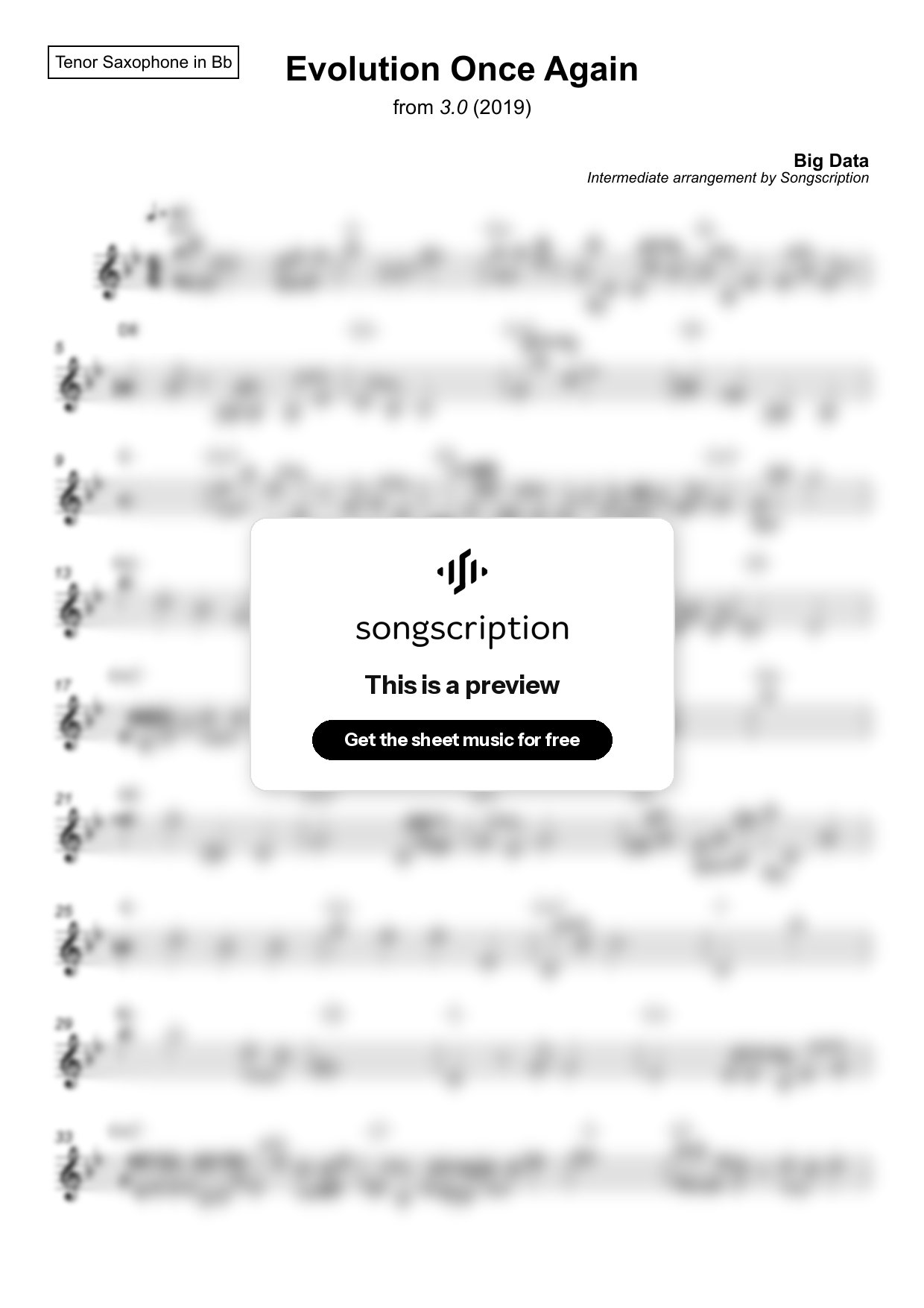 Intermediate Tenor Sax Sheet Music for "Evolution Once Again" by Big Data