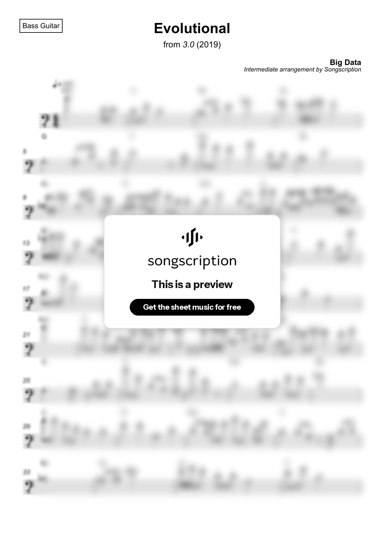 Intermediate Bass Guitar Sheet Music for "Evolutional" by Big Data
