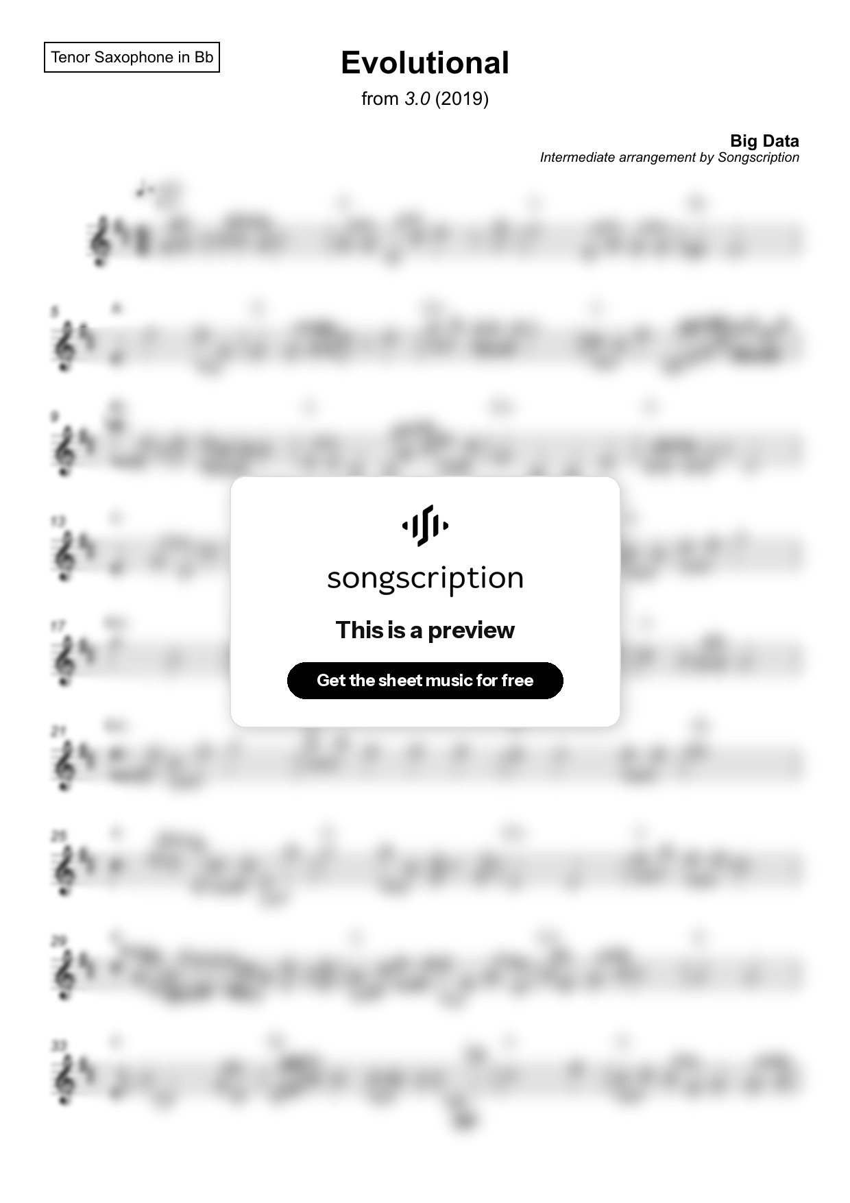 Intermediate Tenor Sax Sheet Music for "Evolutional" by Big Data